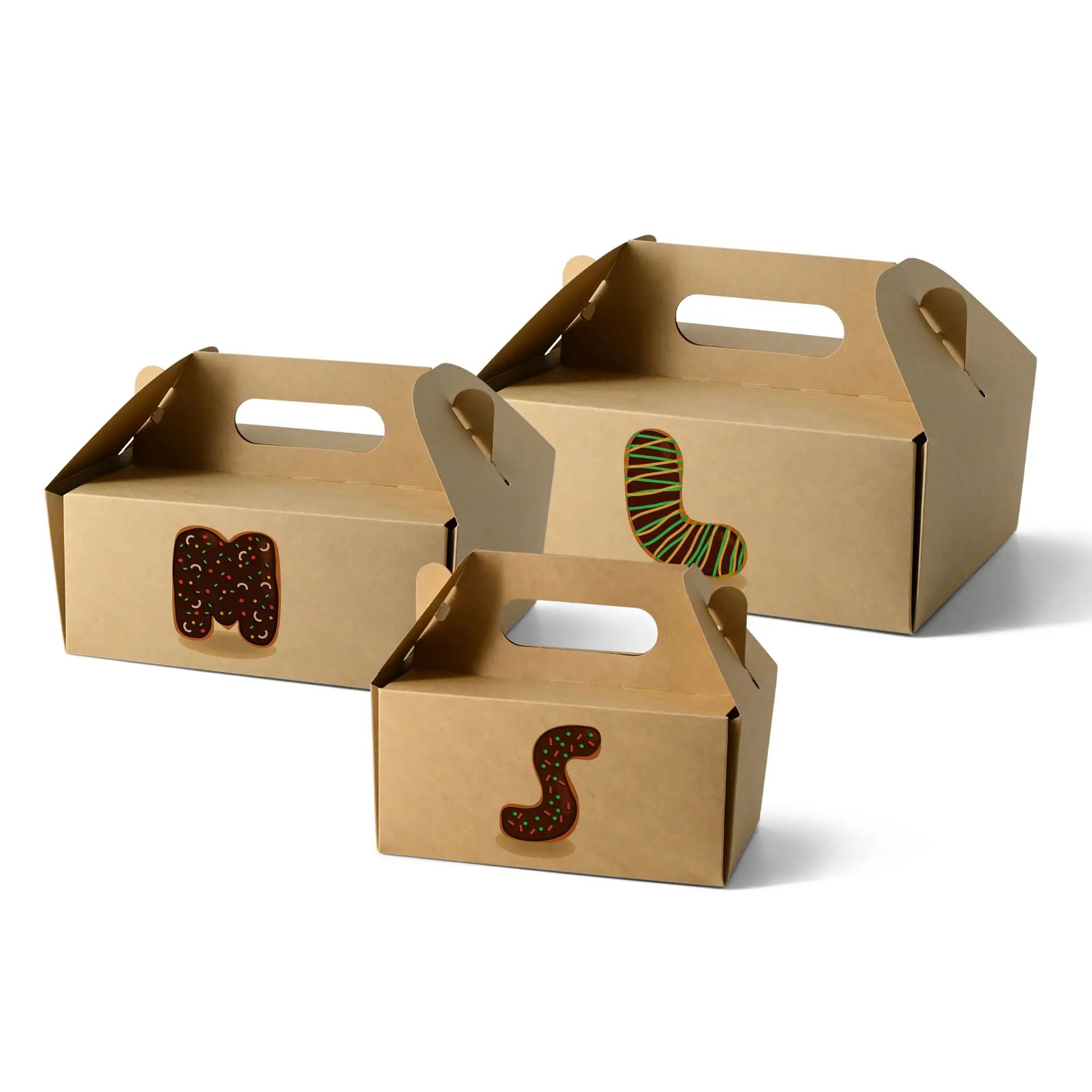 Three brown custom printed cake boxes with handles, featuring decorative letters on the front.