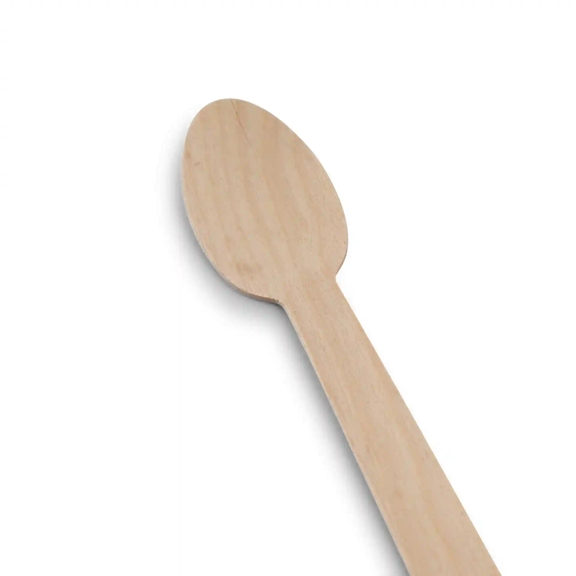 Wooden spoon measuring 14 cm in length, with a smooth brown surface and an oval-shaped head.