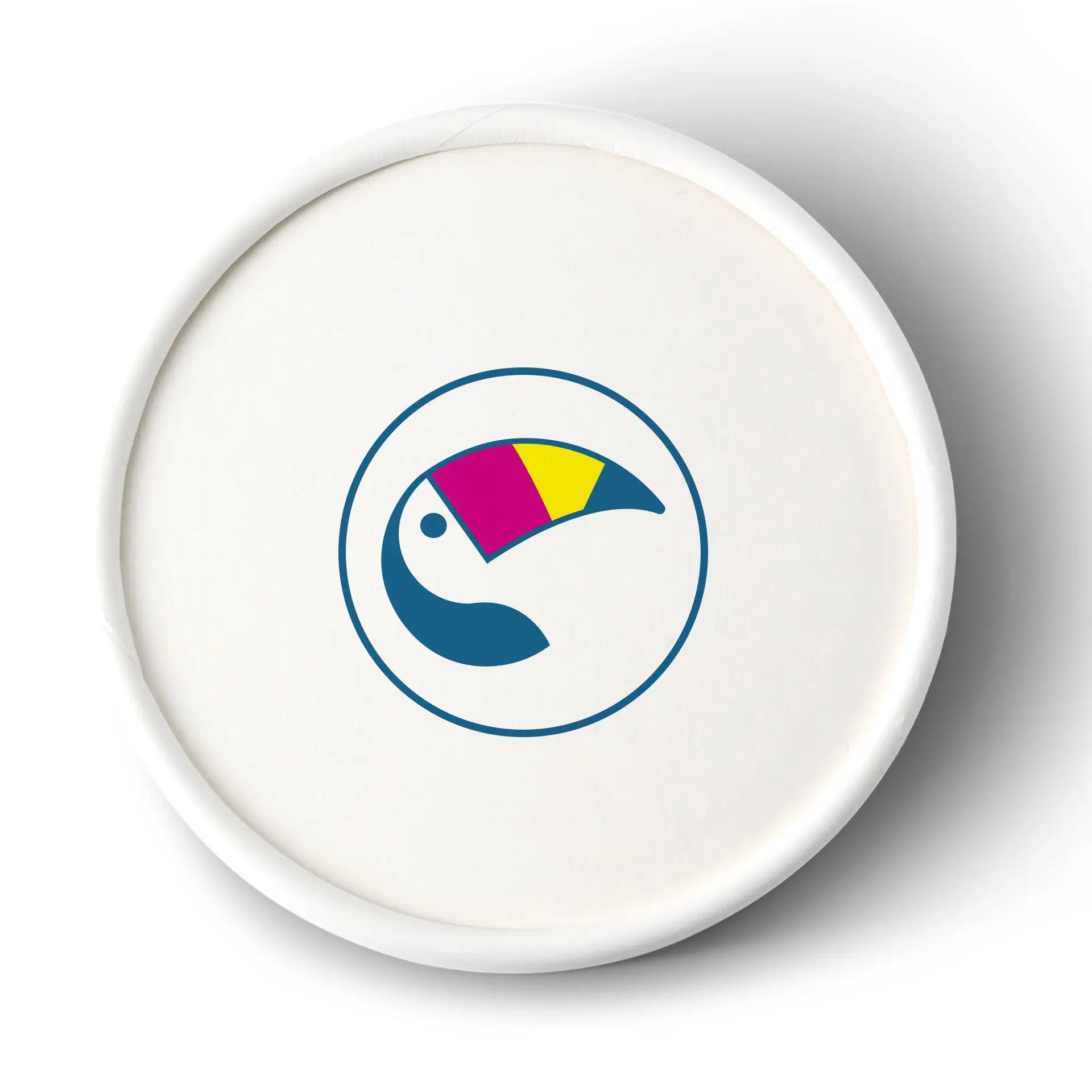 White cardboard lid for ice cream cup featuring a colorful toucan design. Suitable for cold or hot foods.