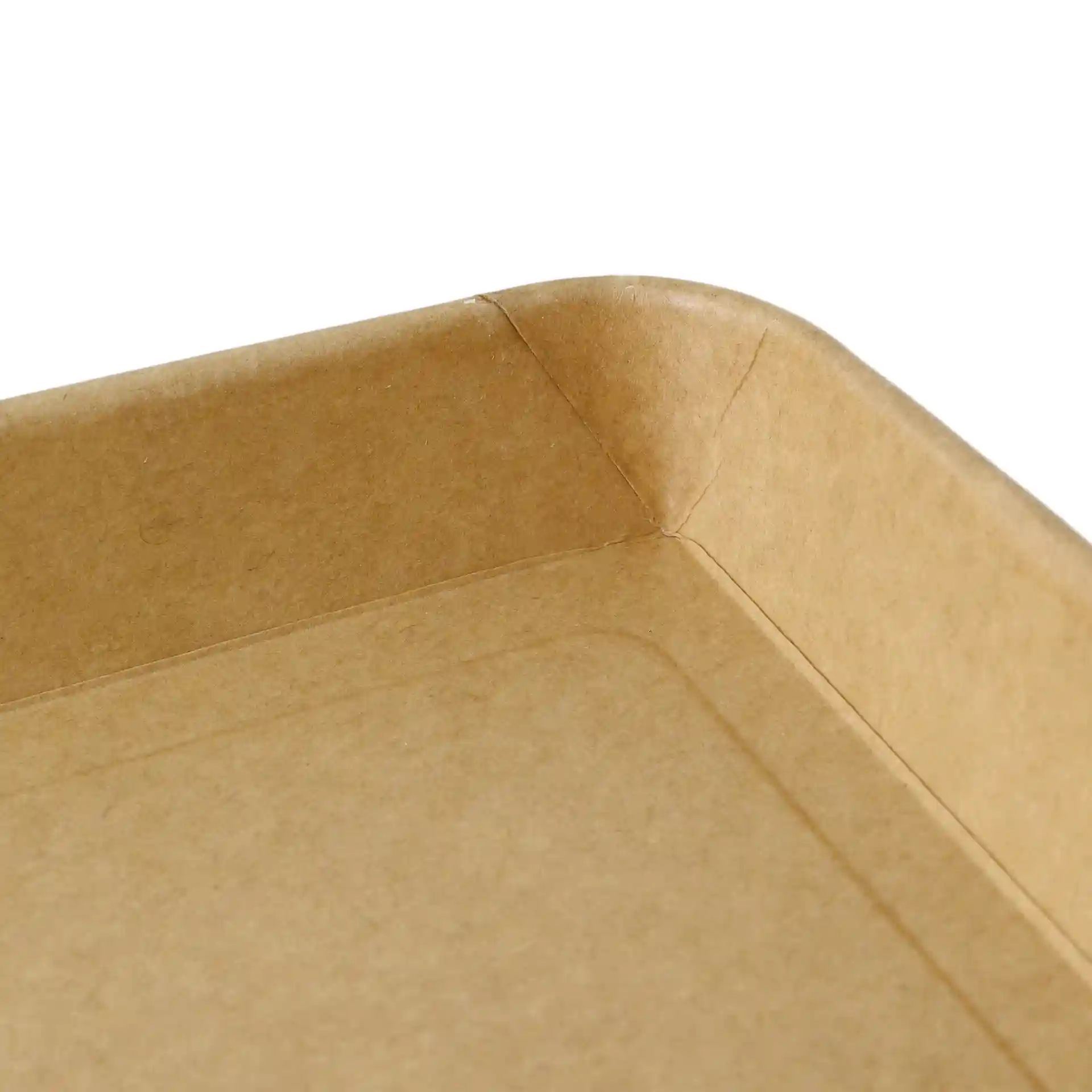 Close-up of a brown, PE-coated sushi box corner, showing the interior and edge details.