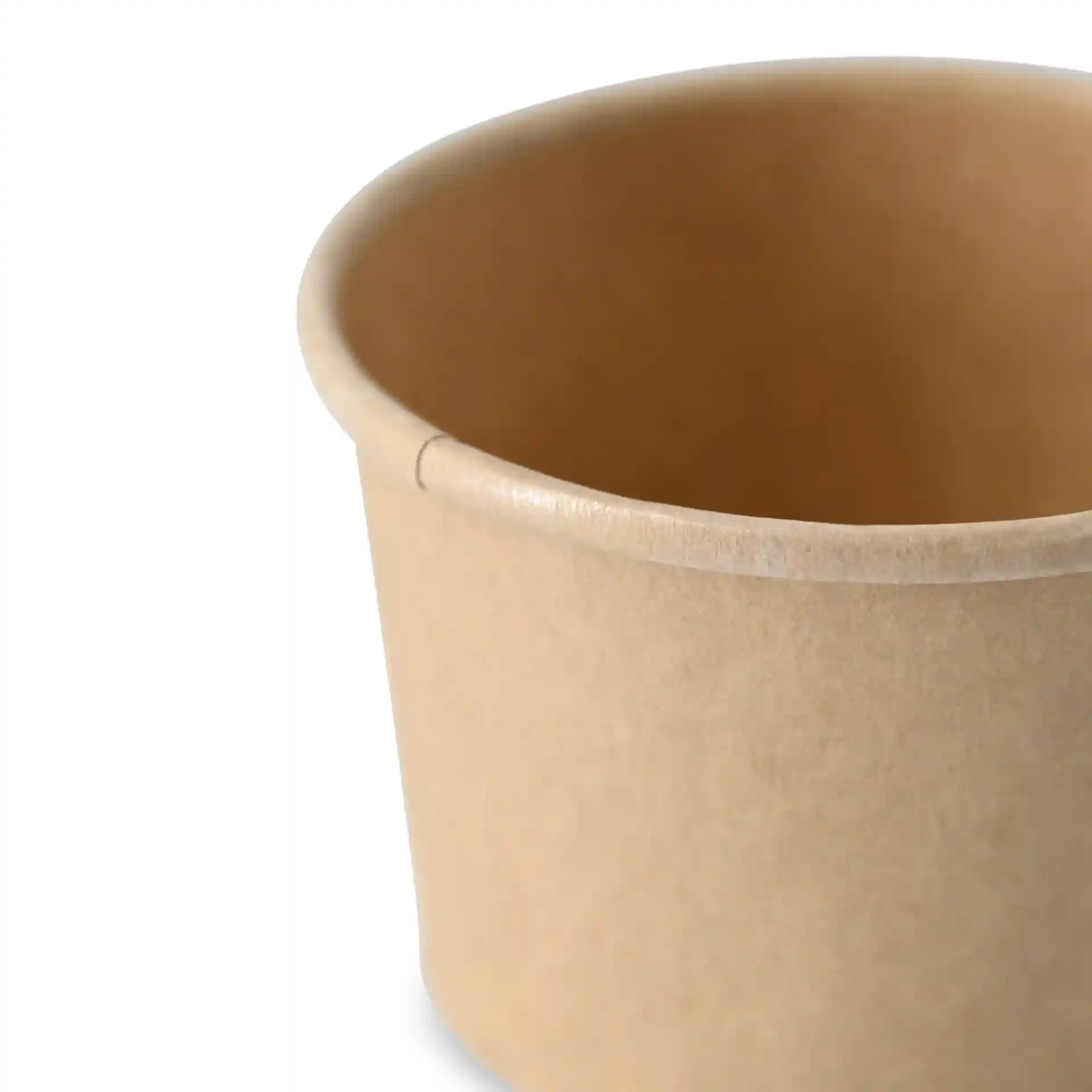 Round brown cardboard deli container with a coated interior, showing the top edge and inner view.