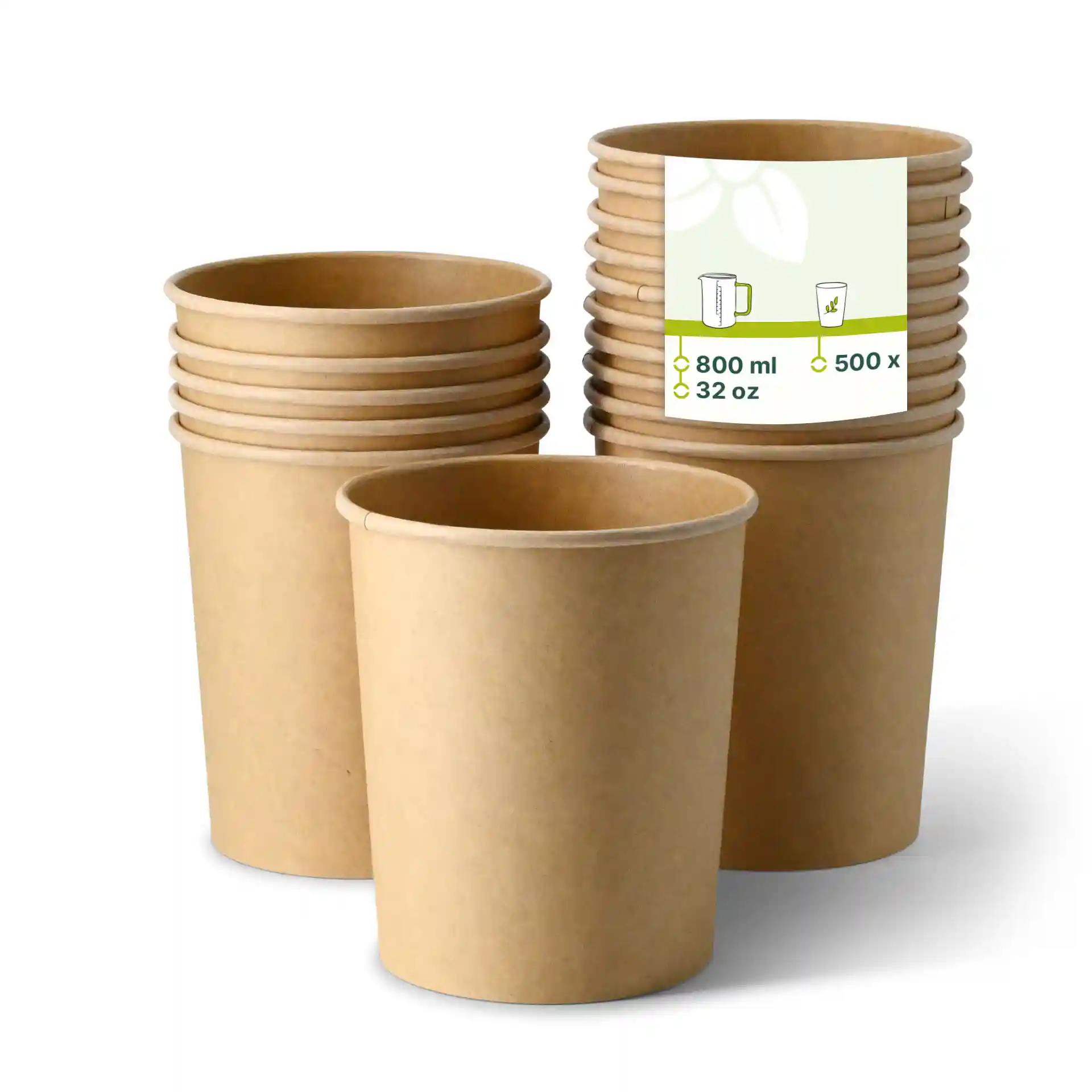 Brown cardboard soup cups stacked, featuring a label with volume details, on a plain background.
