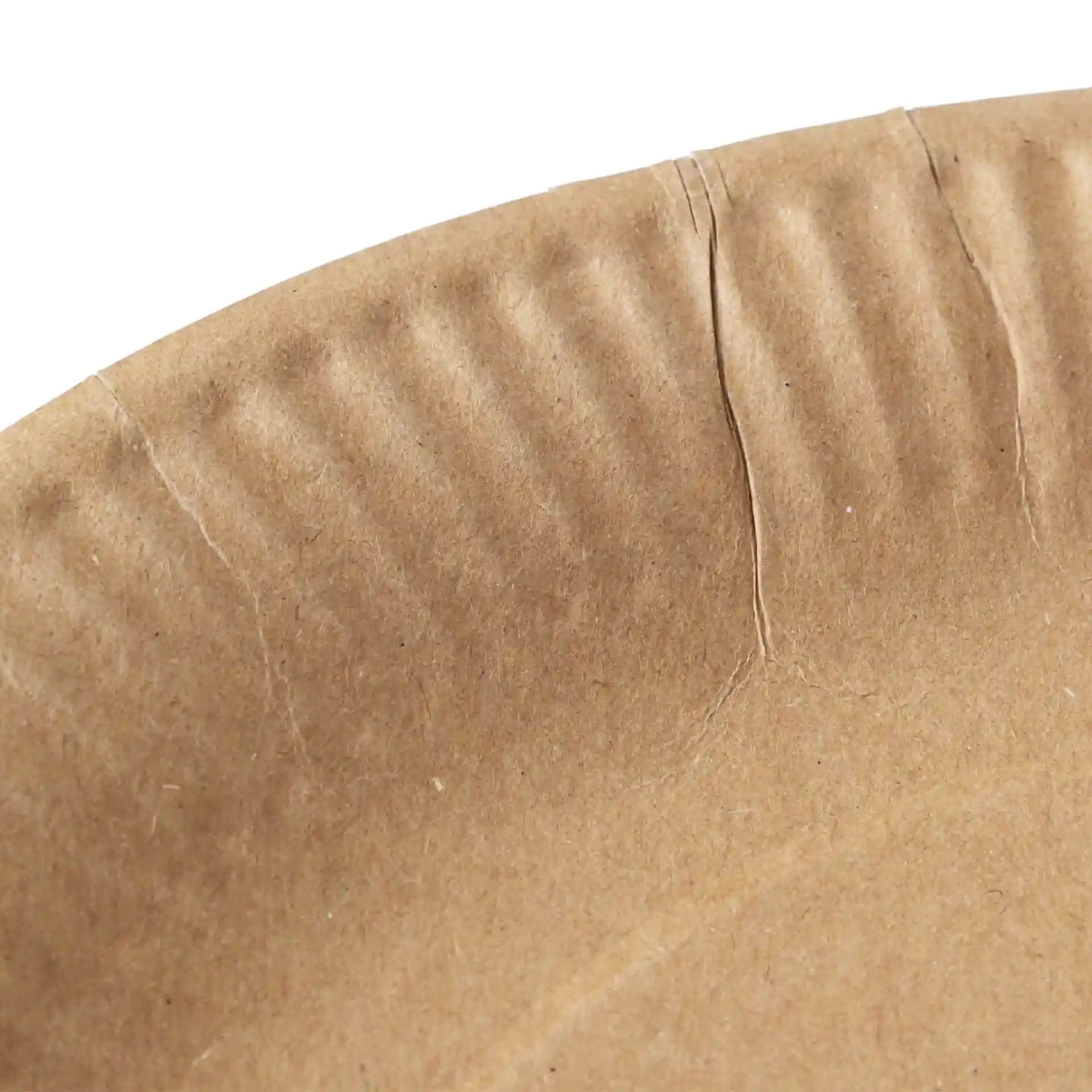 Close-up of a brown paper plate with a round shape and visible ridges along the edge.