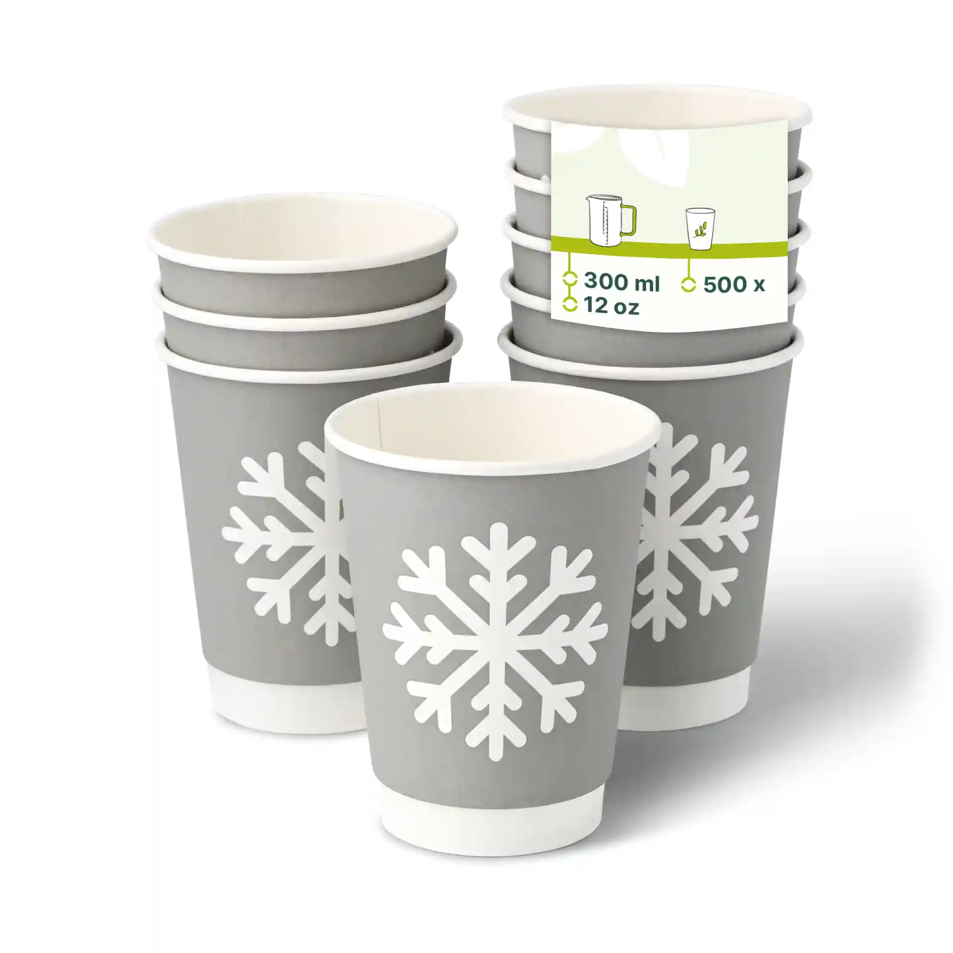 Stack of grey paper cups with white snowflake design, showing one cup upright and others stacked, on a plain background.