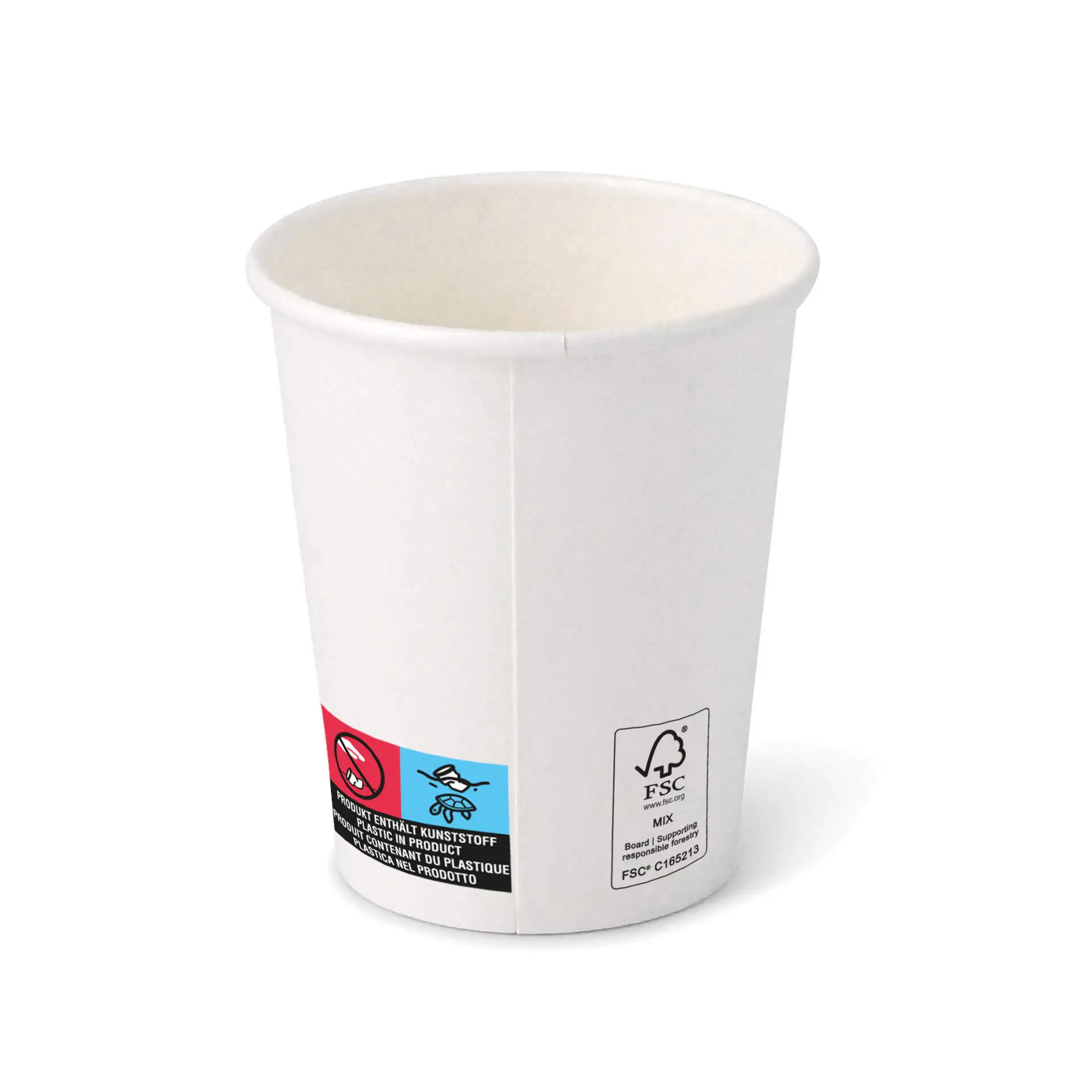 White paper cup with a round shape, 8 oz capacity, and visible labels on the side.