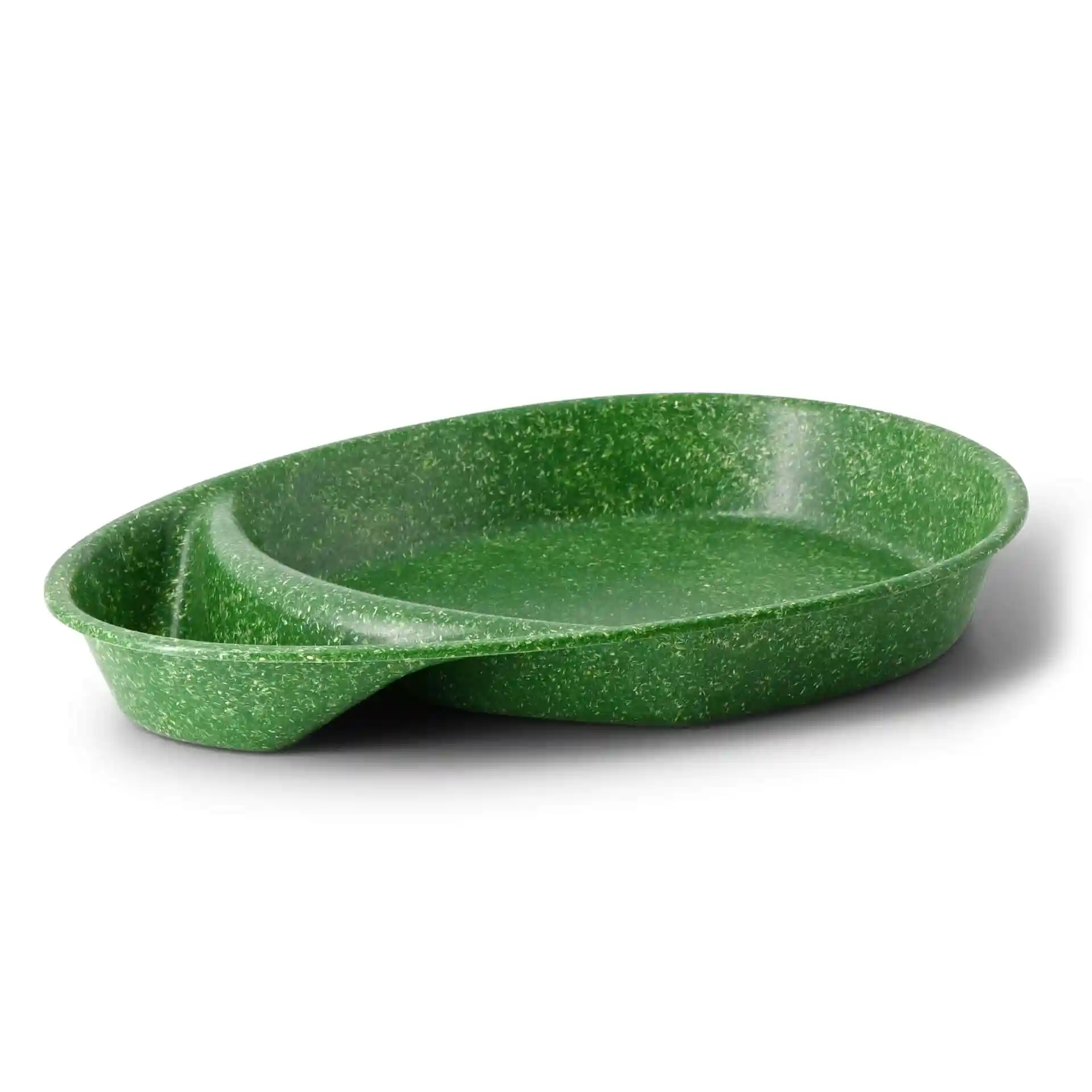 Dark green reusable divided plate with two compartments, teardrop shape, measuring 27.5 × 20 × 3.5 cm.