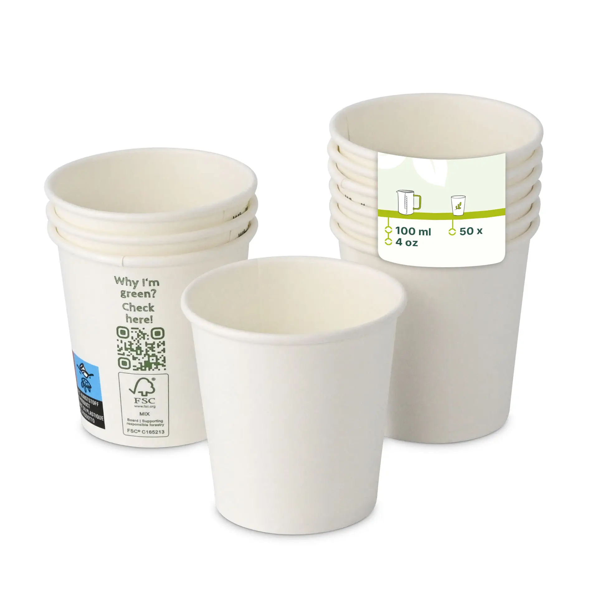 Paper cup 100 ml / 4 oz, Ø 62 mm, single wall, white, PLA-coated