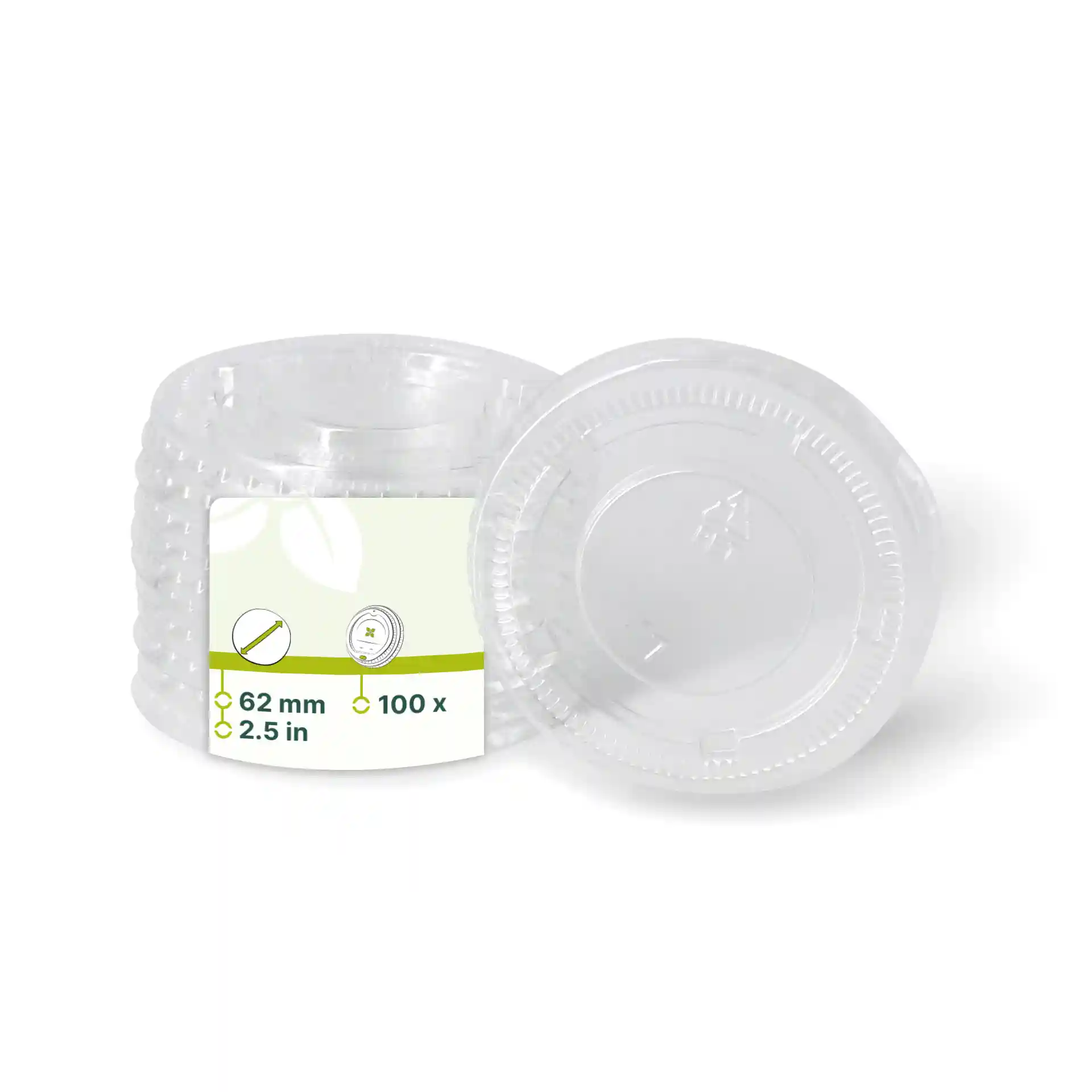 Clear round PET lids with a diameter of 62 mm, stacked with a label showing product details.