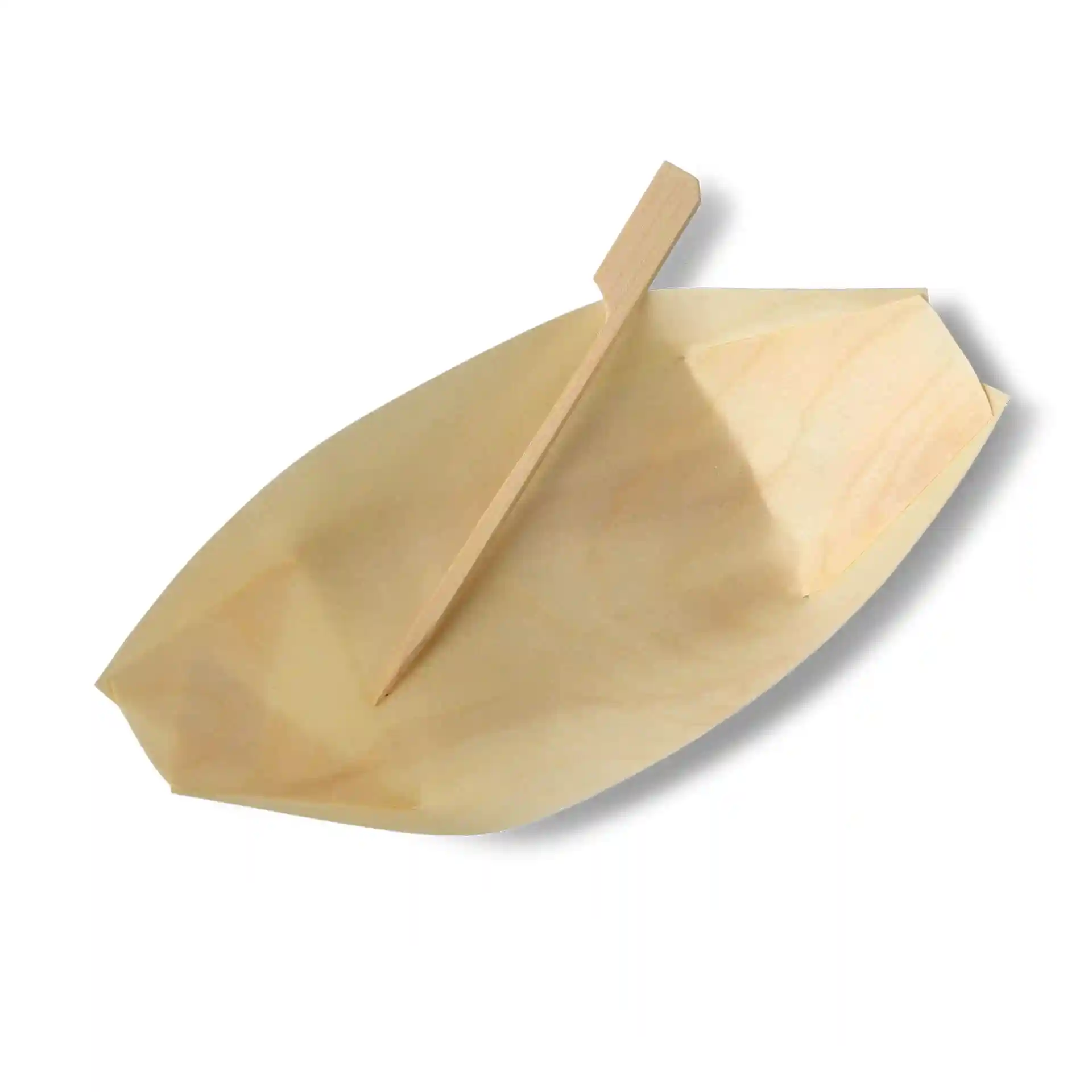 Bamboo paddle skewer, 12 cm long, with a flat end, on a plain white background.