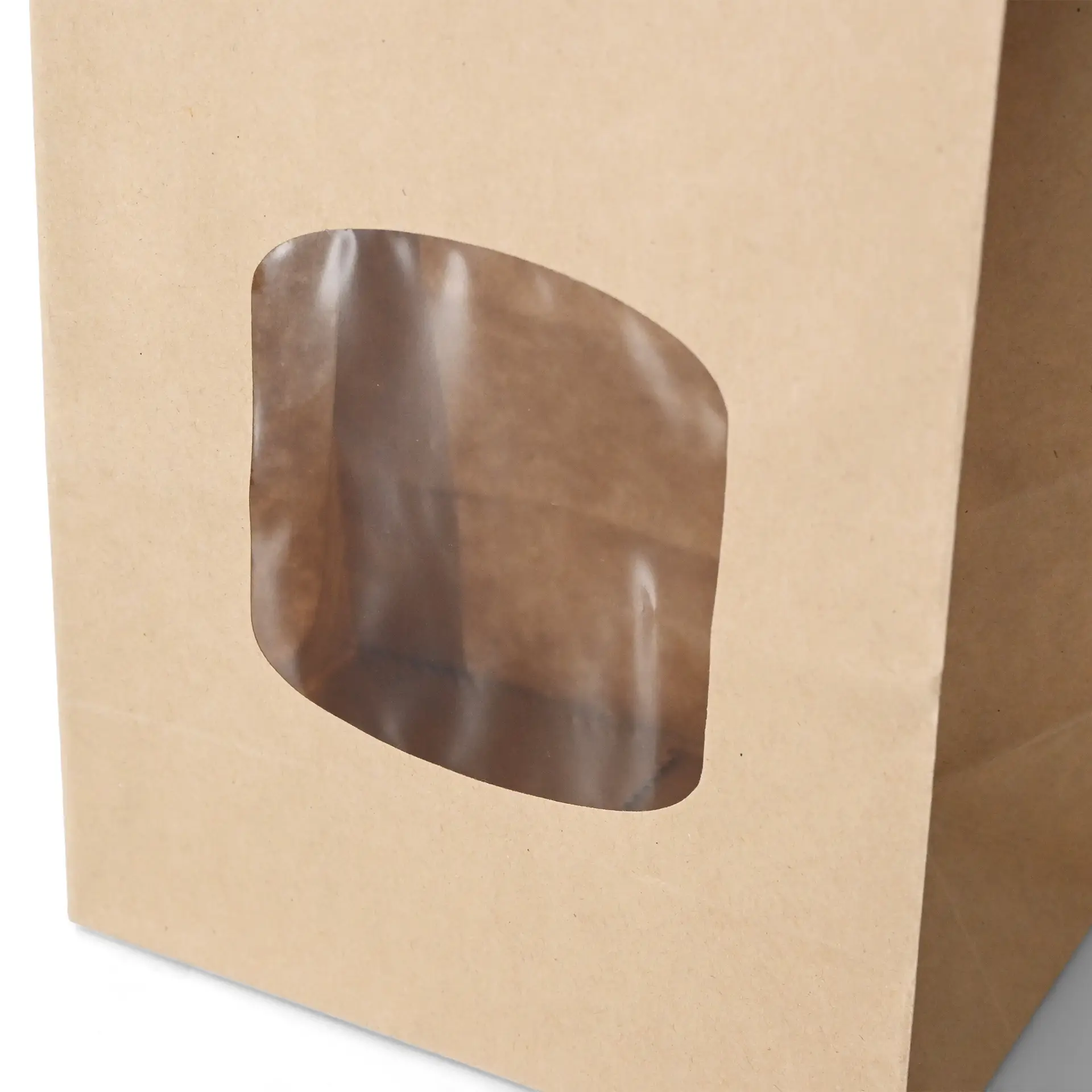 Brown kraft paper bag with a clear plastic window, featuring a block bottom design and tin tie closure.