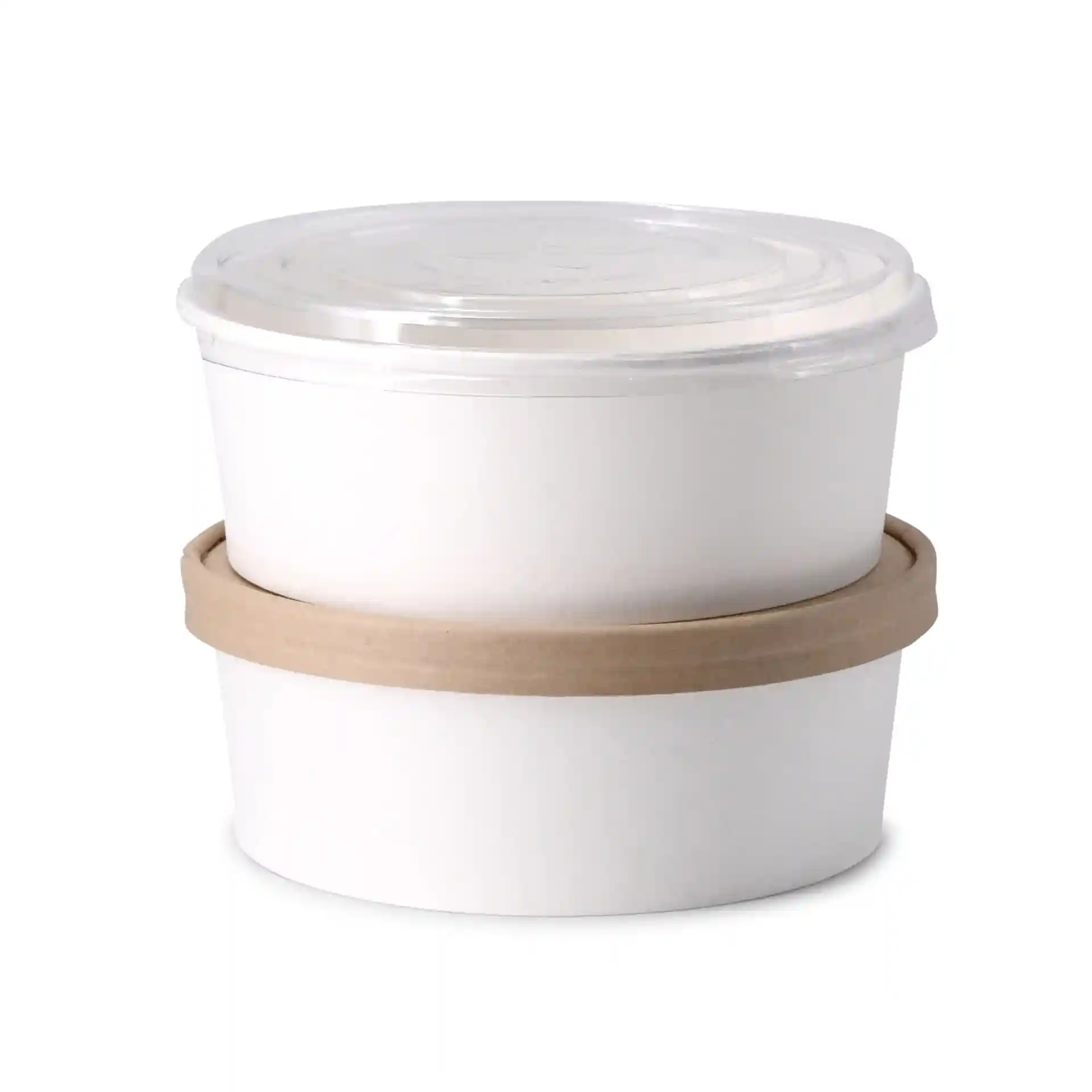 White round cardboard bowl with a clear lid, stacked on another bowl with a brown paper band.