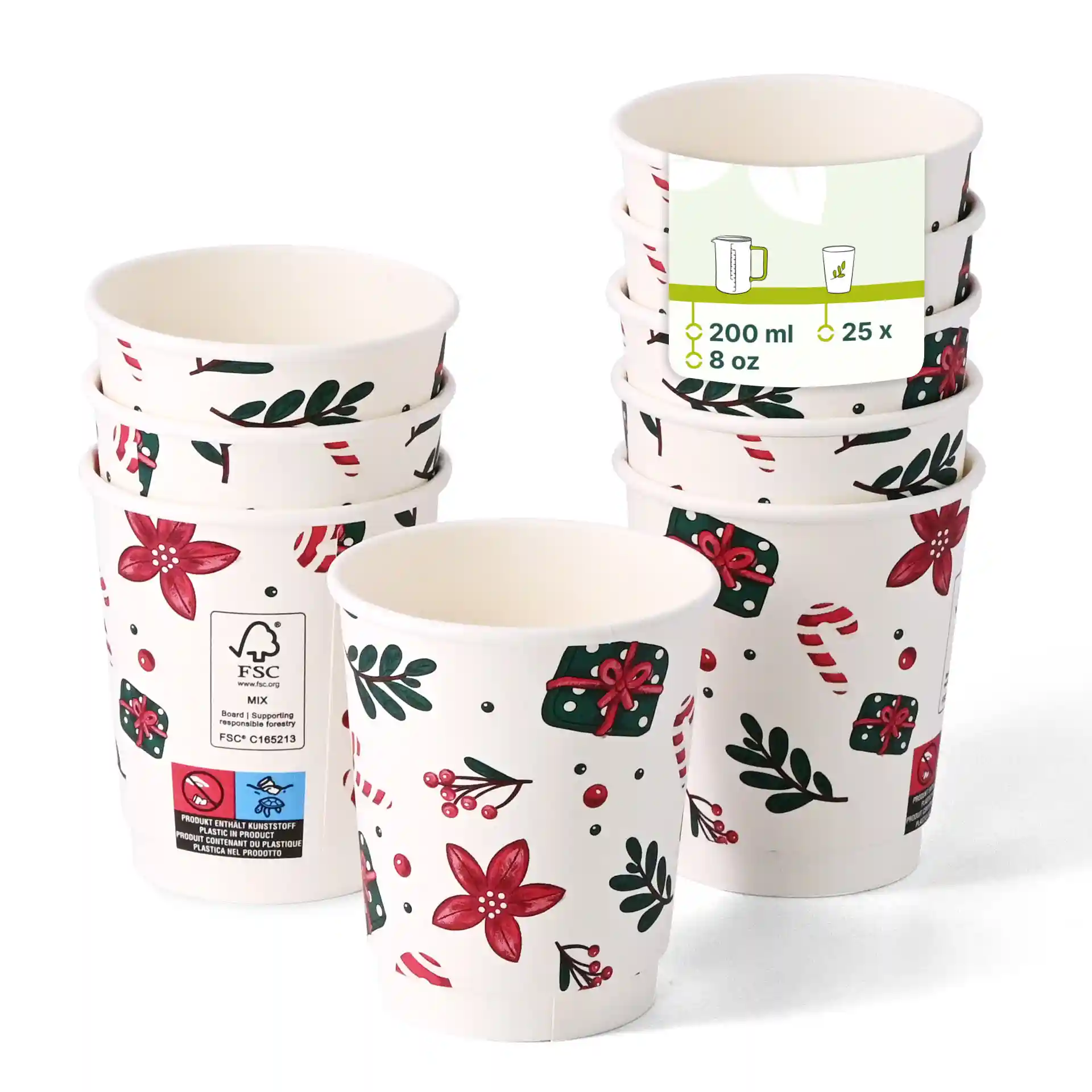 Stack of double-wall coffee cups with a winter design, each cup holds 200 ml and has a diameter of 80 mm.
