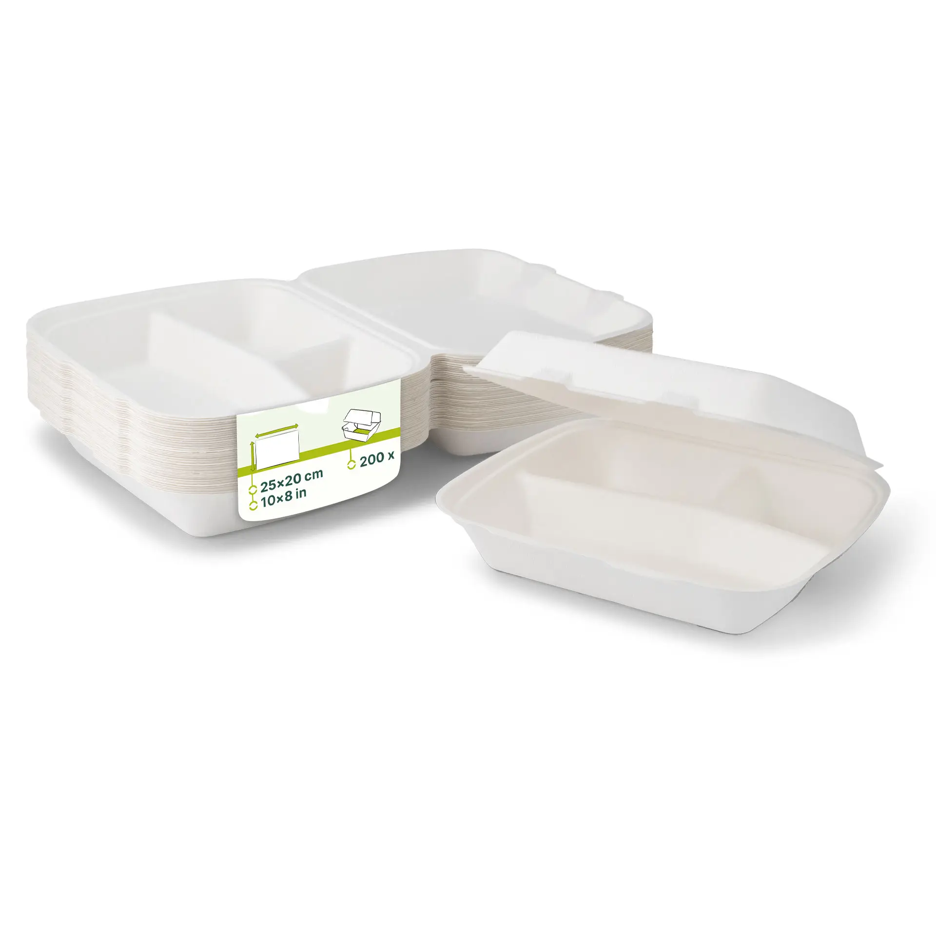 Sugarcane-menu containers 25 x 20 x 7.5 cm, 3 compartments, HP4/3,  hinged-lid, rectangular Sugarcane-menu containers 25 x 20 x 7.5 cm, 3 compartments, HP4/3,  hinged-lid, rectangular