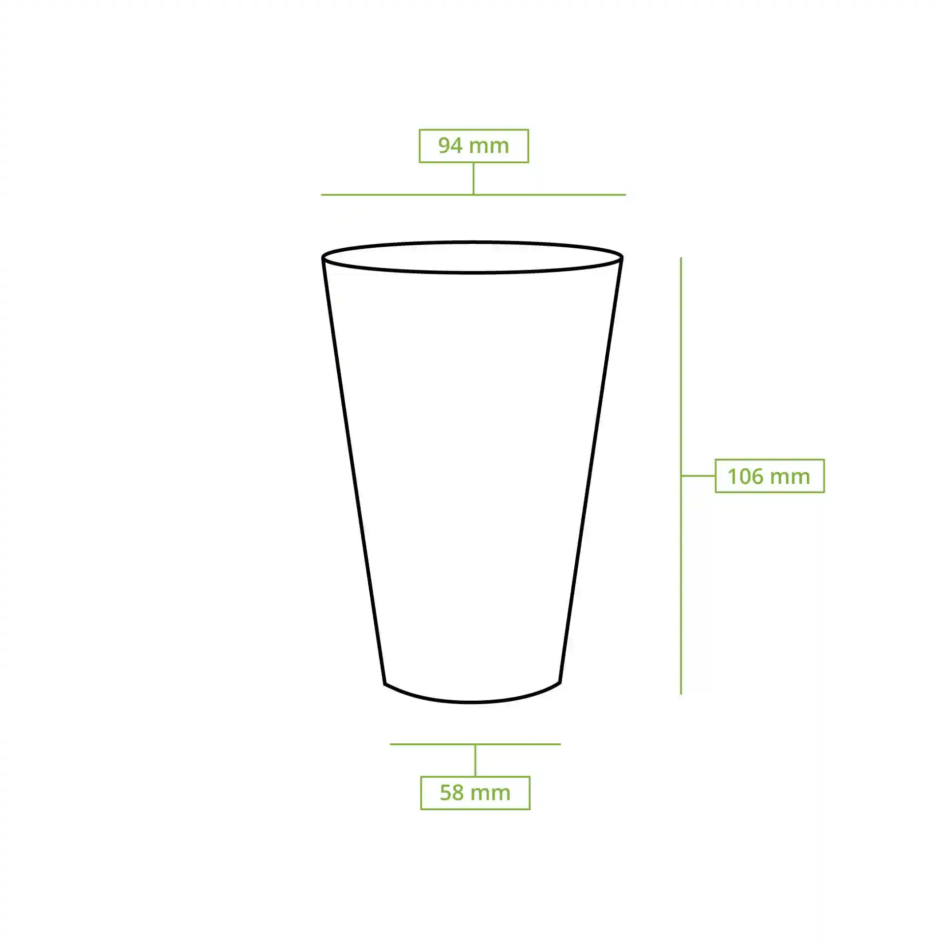 Schematic drawing of a transparent plastic cup with dimensions: height 106 mm, top diameter 95 mm, bottom diameter 58 mm.