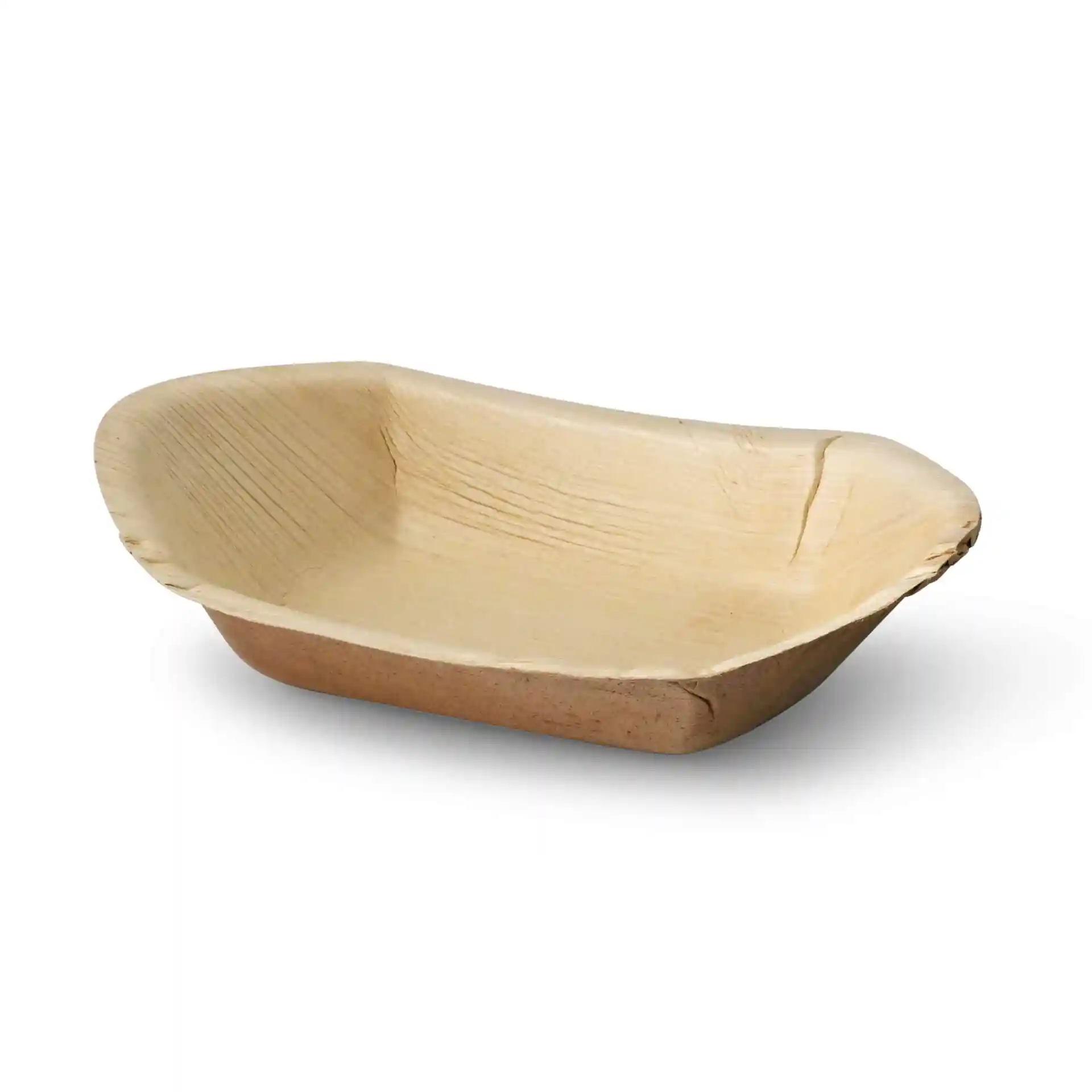 Deep palm leaf boat with a grain color, measuring 20 cm in length and 11.8 cm in width.