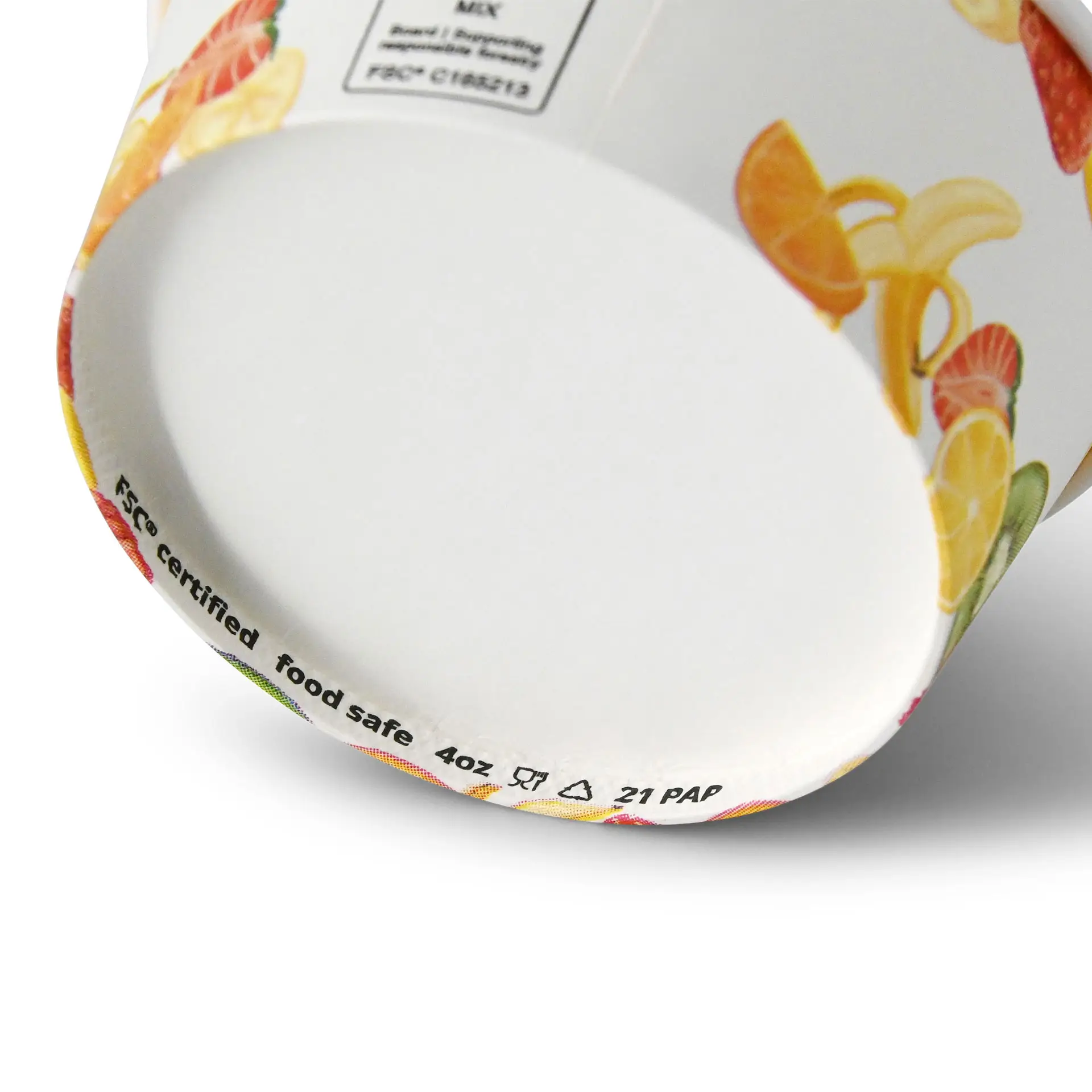 Printed paper cup with a round shape, 4 oz capacity, and a colorful fruit design on the exterior.