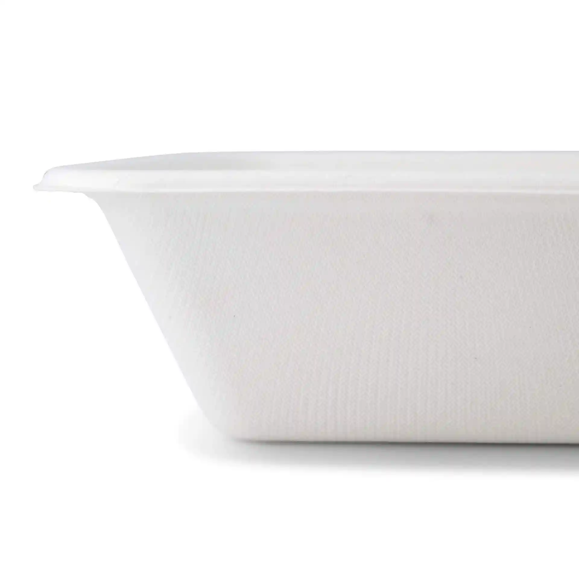 Rectangular white sugarcane tray with two compartments, measuring 23 x 14.5 x 5 cm.