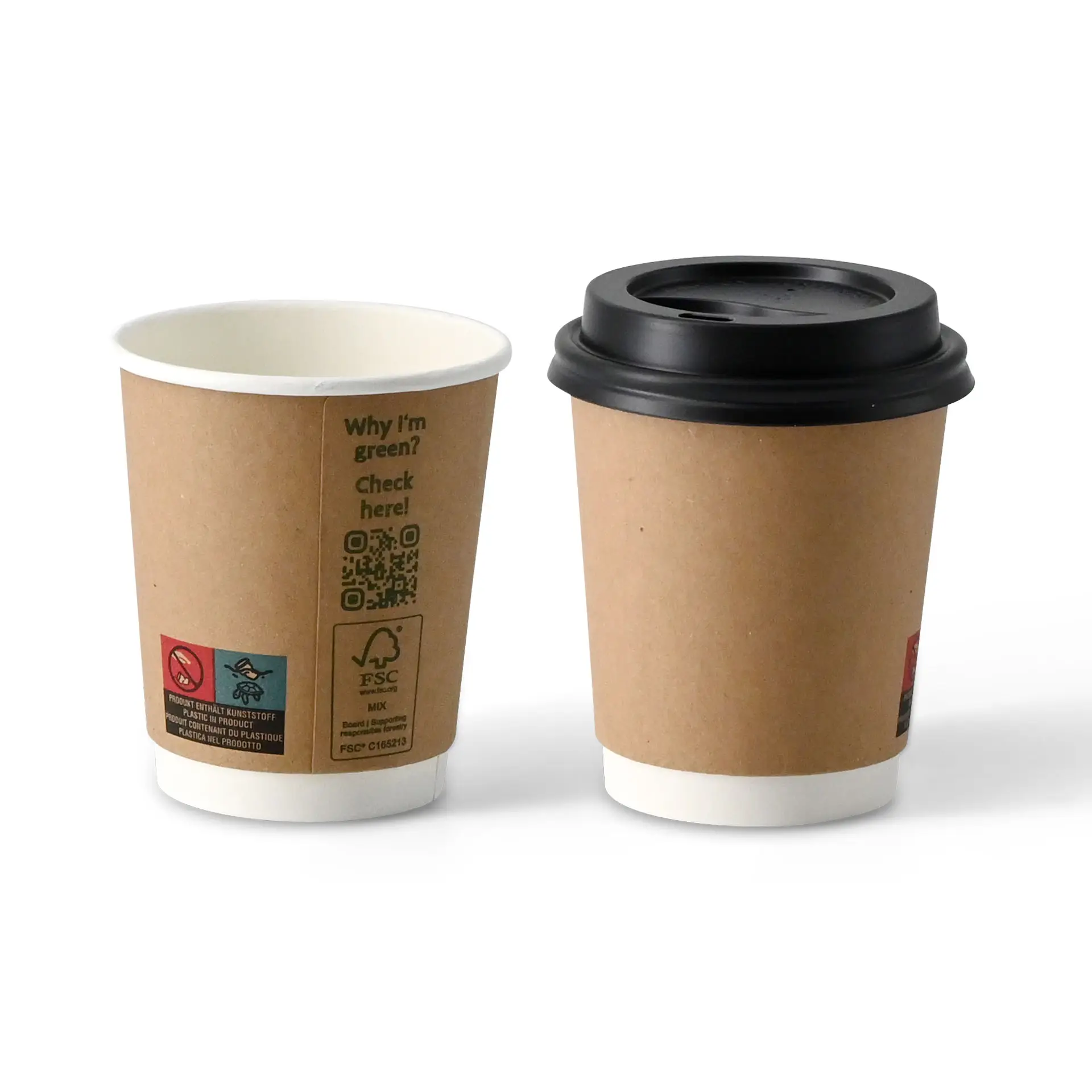 Coffee to go cup, 200 ml / 8 oz, Ø 80 mm, double wall, brown / white inside, PLA coated