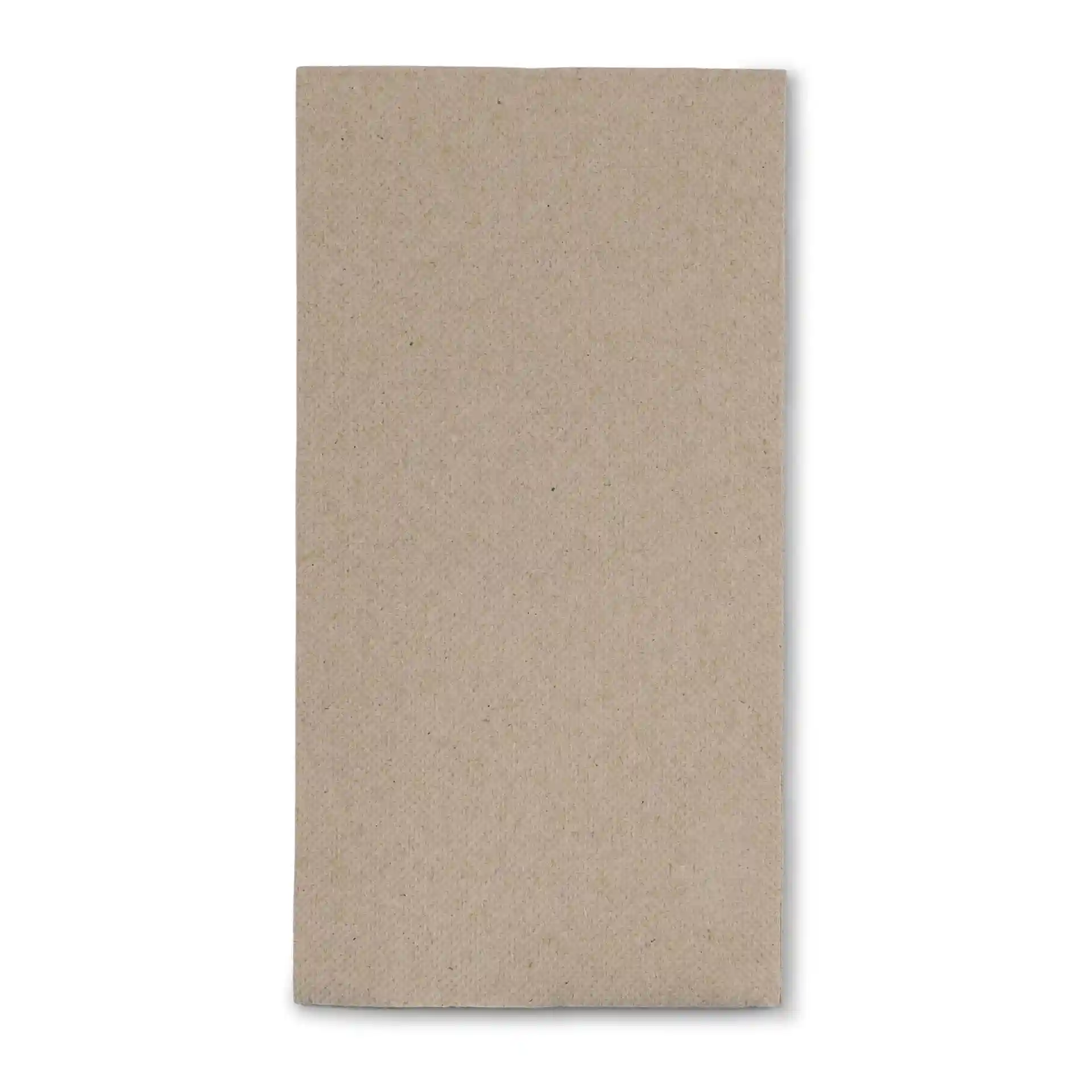 Rectangular unbleached recycled paper napkin, 40 x 40 cm, 2-ply, with a symbol indicating recycled material.