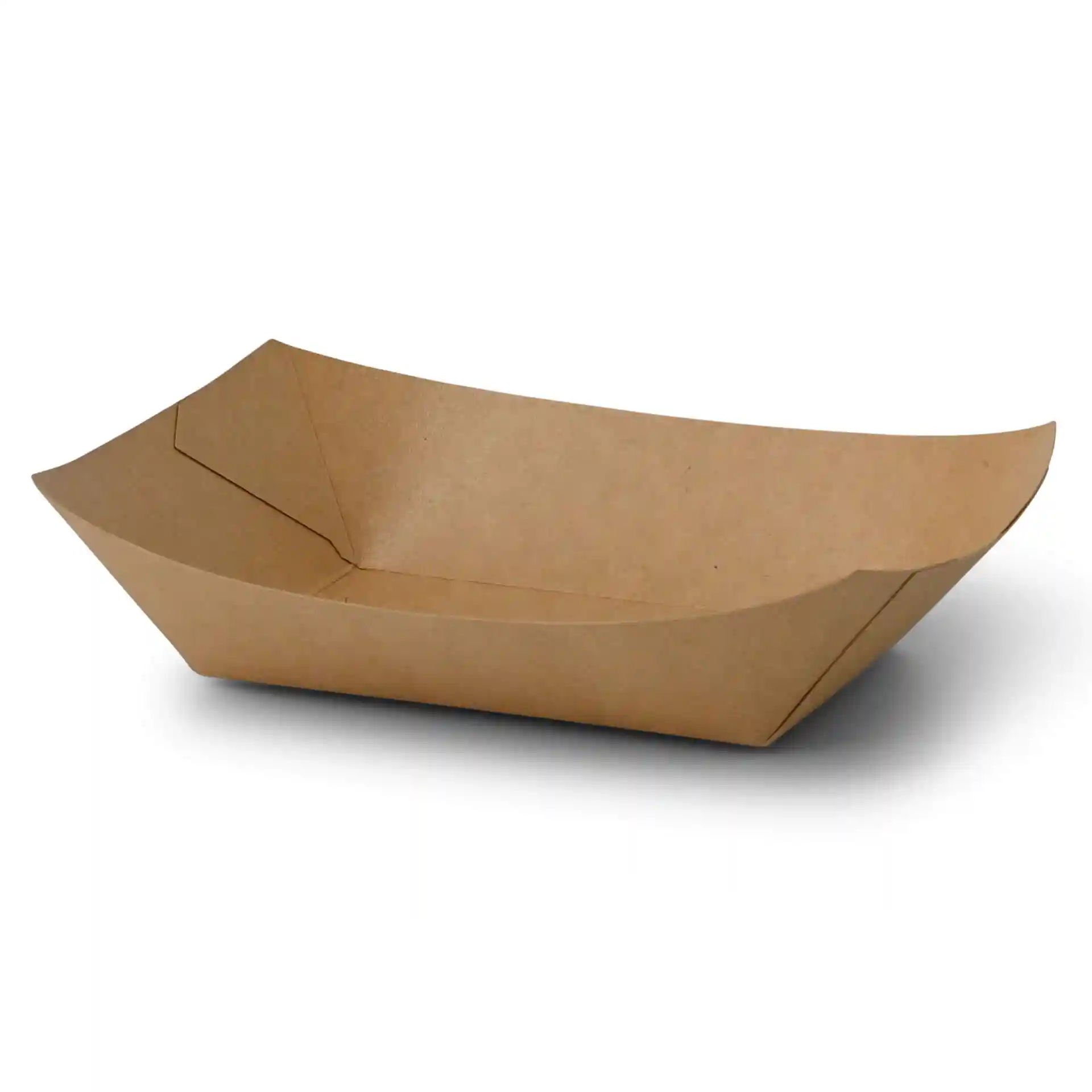 Brown cardboard snack bowl with a rectangular shape, measuring 19.5 x 14 x 4.5 cm.