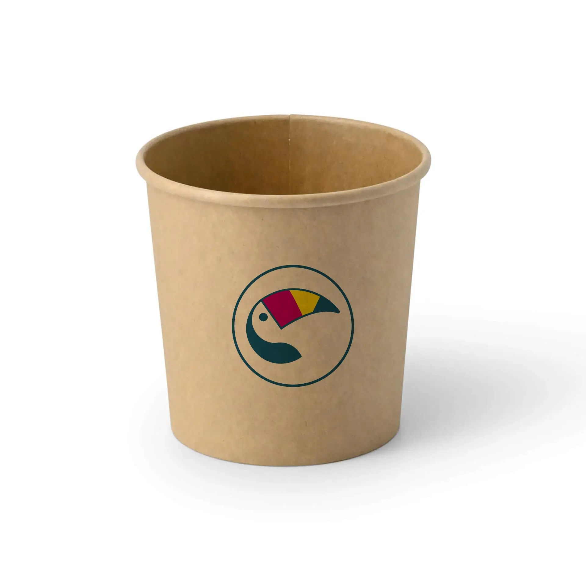 Brown ice cream cup with a colorful circular logo, featuring a water-based coating and a capacity of 300 ml.