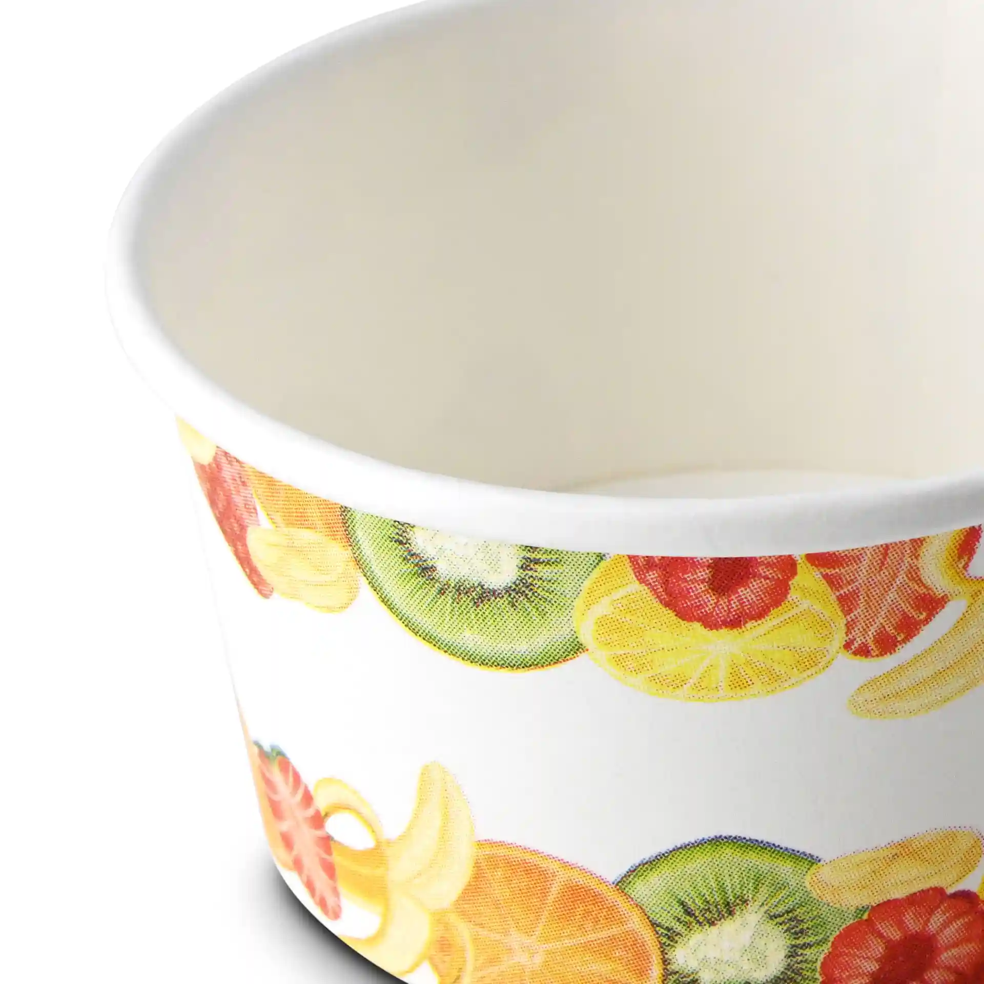 Paper cup with a printed fruit design, 6 oz capacity, 92 mm diameter at the top, and 50 mm height.