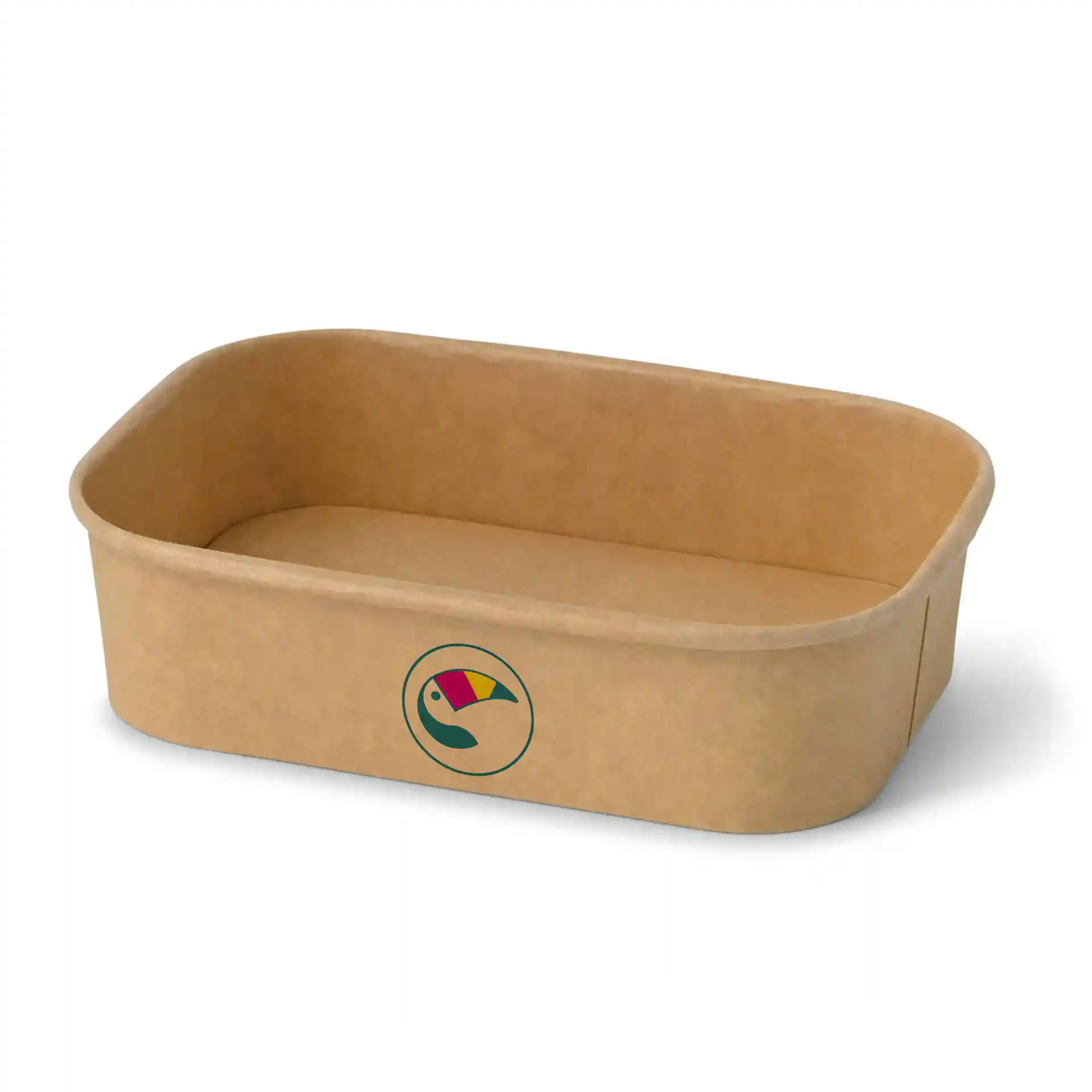 Rectangular brown salad bowl with a PE-coated interior and a circular logo featuring a toucan design.