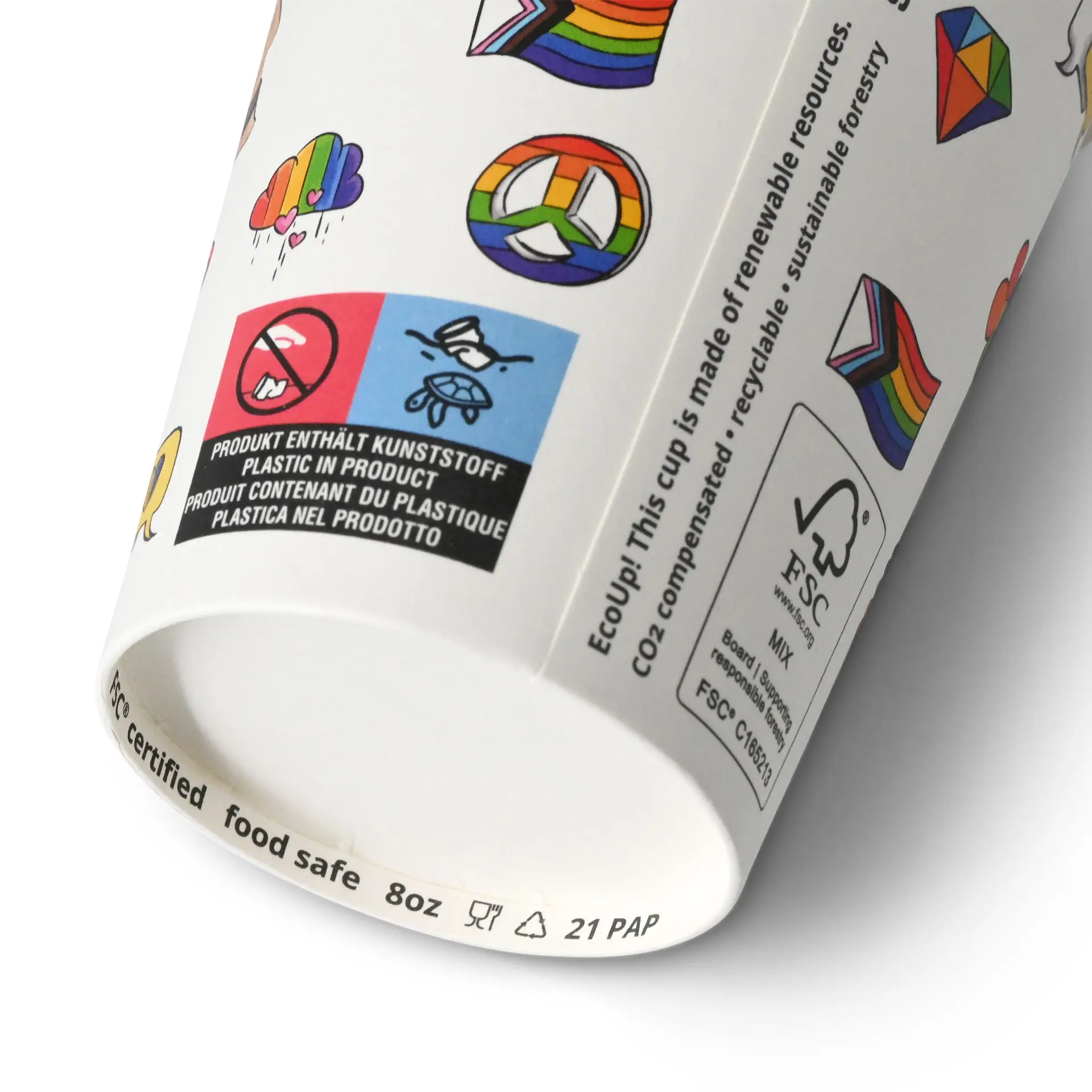 8 oz Paper cup printed with "Pride" (coated), Ø 80 mm, white con10034-01-0-pappbecher-bedruckt-pride-beschichtet-200-ml-8-oz-80-mm-weiss-3