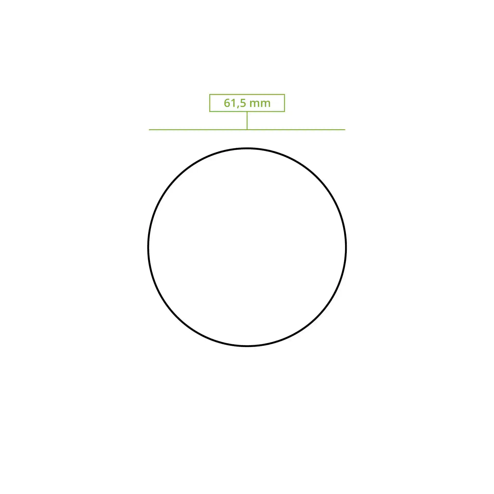 Schematic drawing of a circle with a diameter measurement of 61.5 mm.