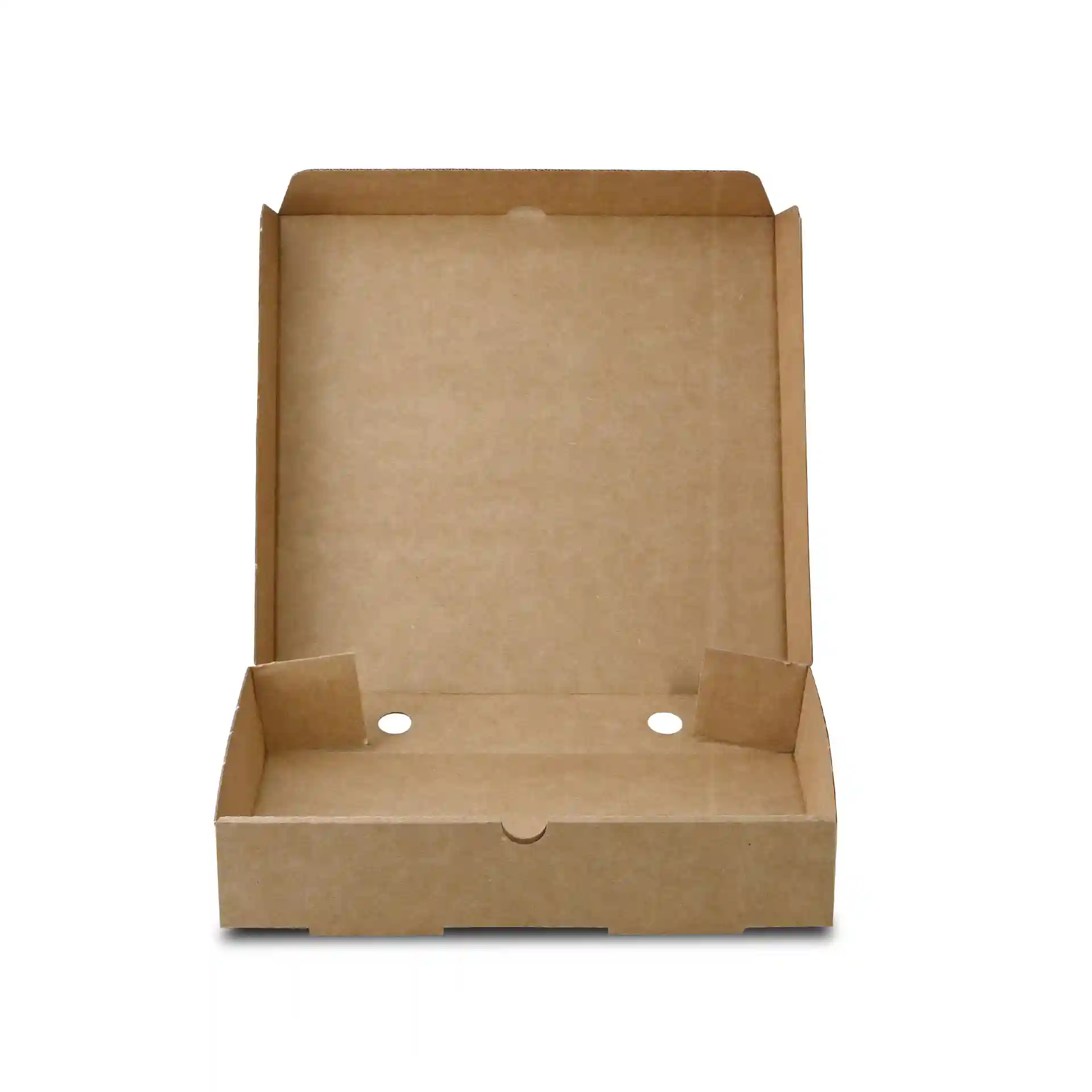 Brown cardboard pizza box, square shape, open with two holes at the bottom, dimensions 26 cm by 26 cm.