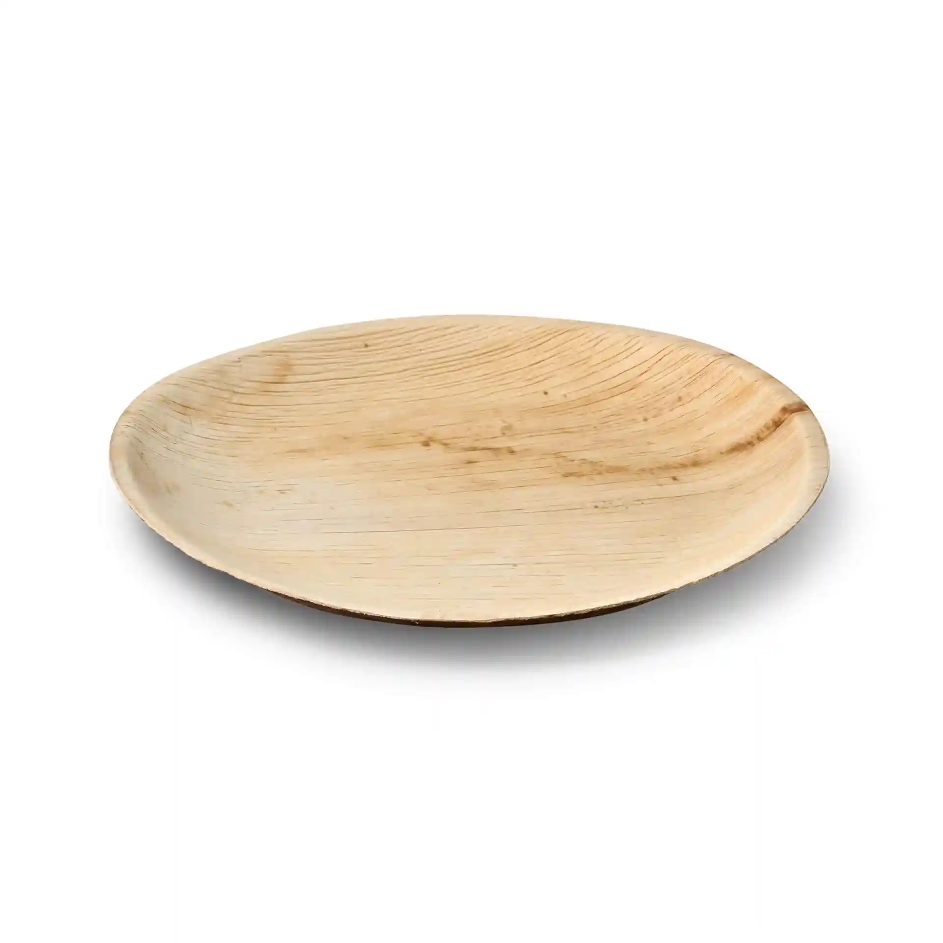 Round palm leaf plate with a diameter of 23 cm and a shallow design, featuring a natural grain texture.