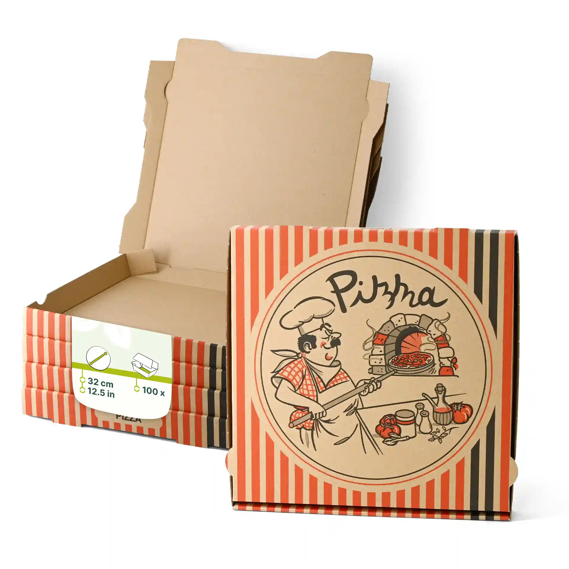 Pizza box with a pizza chef design, dimensions 32 x 32 x 4 cm, shown with several boxes stacked.