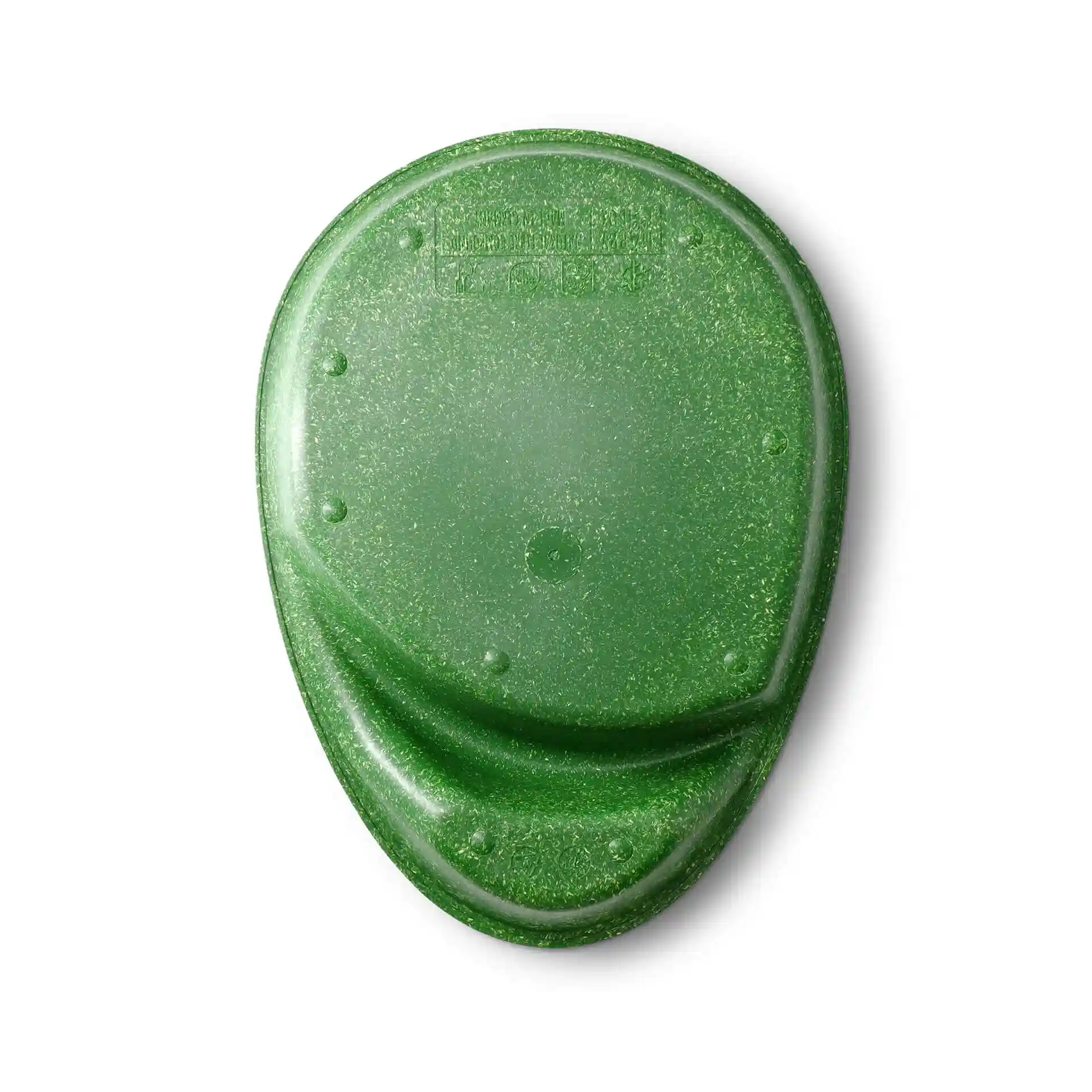 Teardrop-shaped dark green reusable divided plate with two compartments, made from a bio compound material.