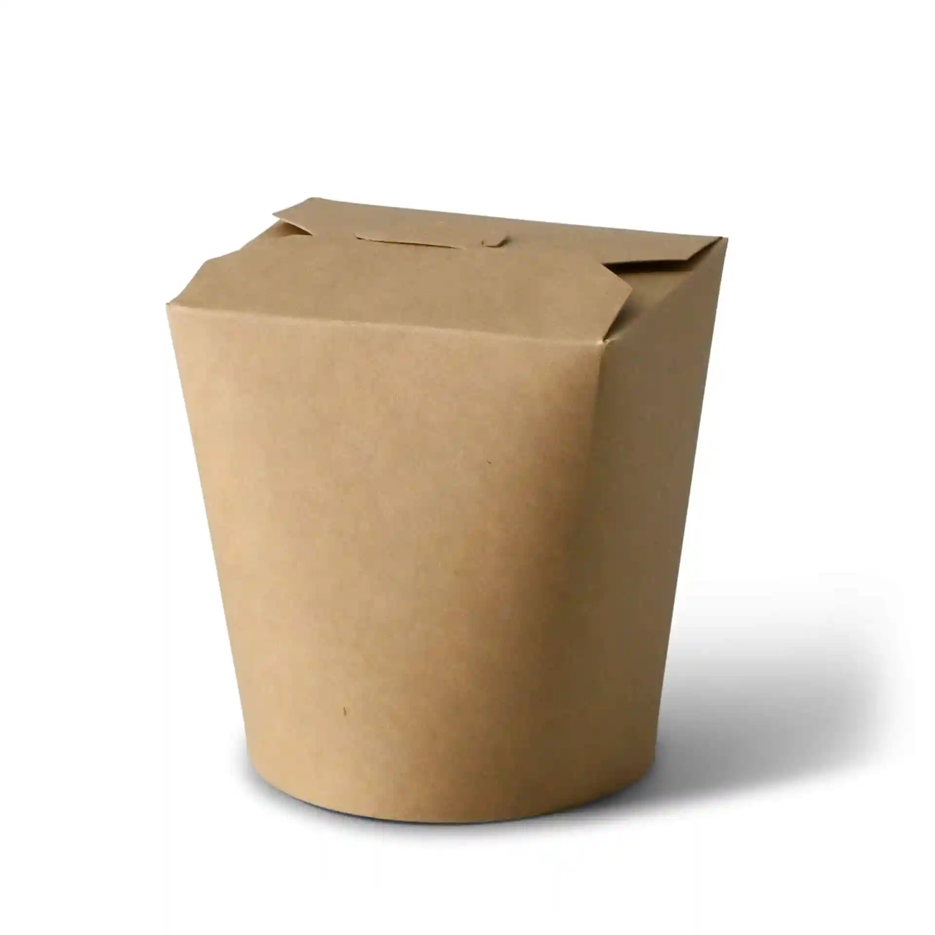 Brown cardboard noodle box with a round shape, dimensions 115 mm height and 100 mm length.