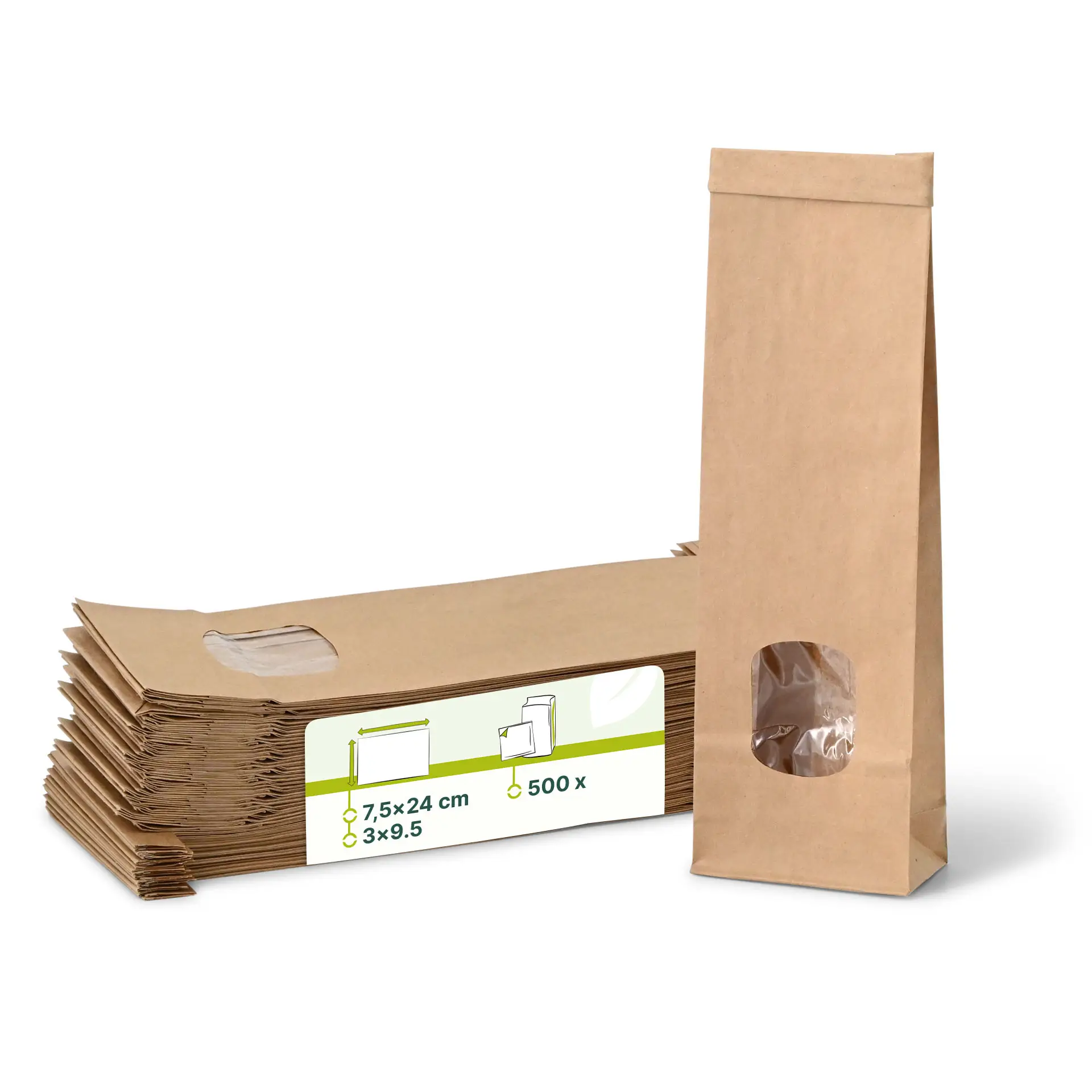 Block bottom bags with window XS, 7,5 x 4,5 x 24 cm, PP-foil, brown, tin tie, kraft paper Block bottom bags with window XS, 7,5 x 4,5 x 24 cm, PP-foil, brown, tin tie, kraft paper