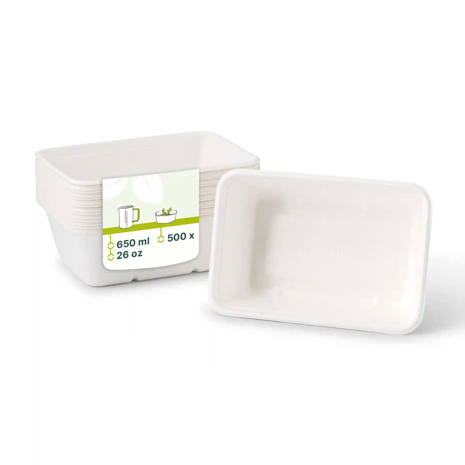 White rectangular sugarcane bowl, 650 ml capacity, with a label showing product details.