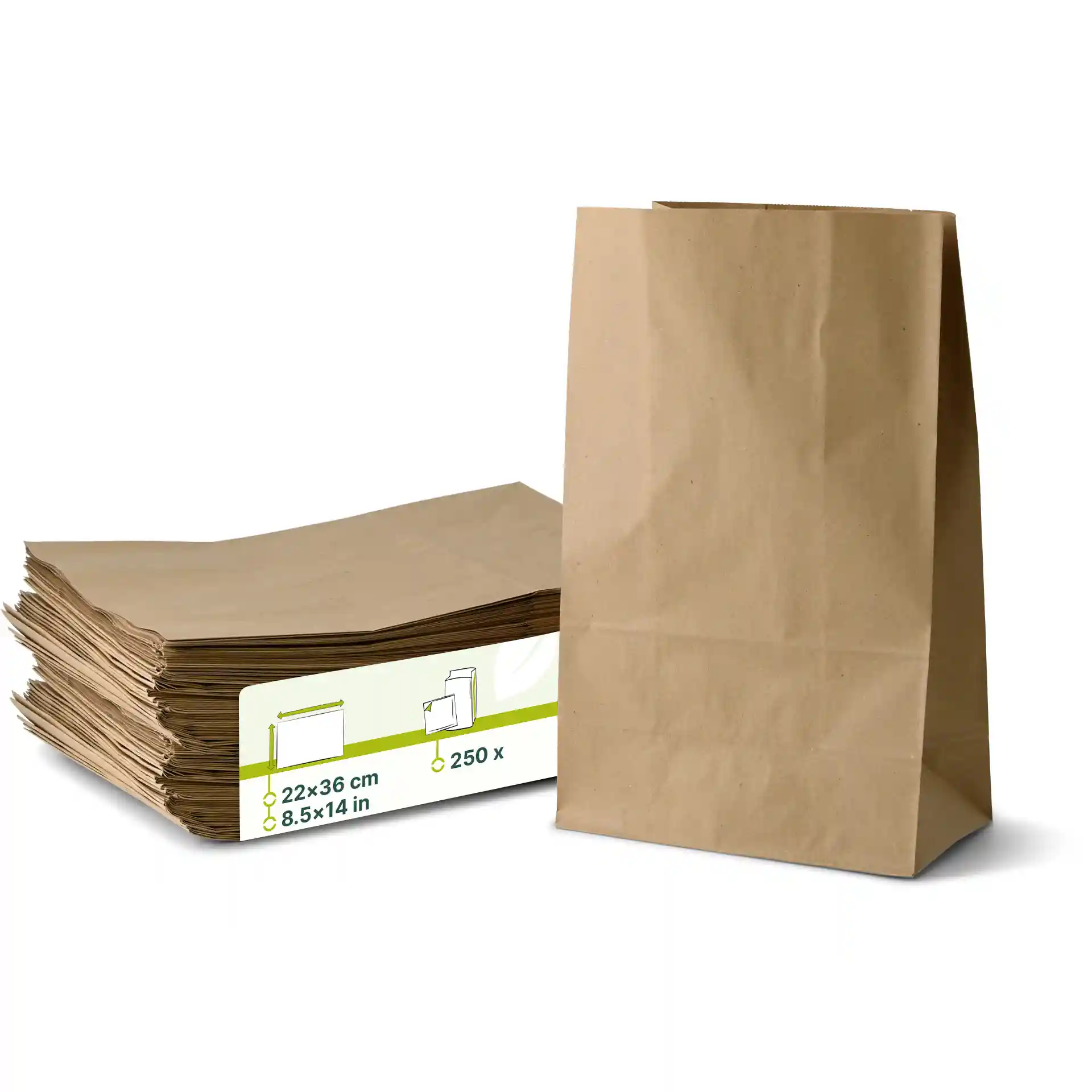 Brown paper shopping bags stacked beside a single upright bag, dimensions 22 x 12 x 36 cm.
