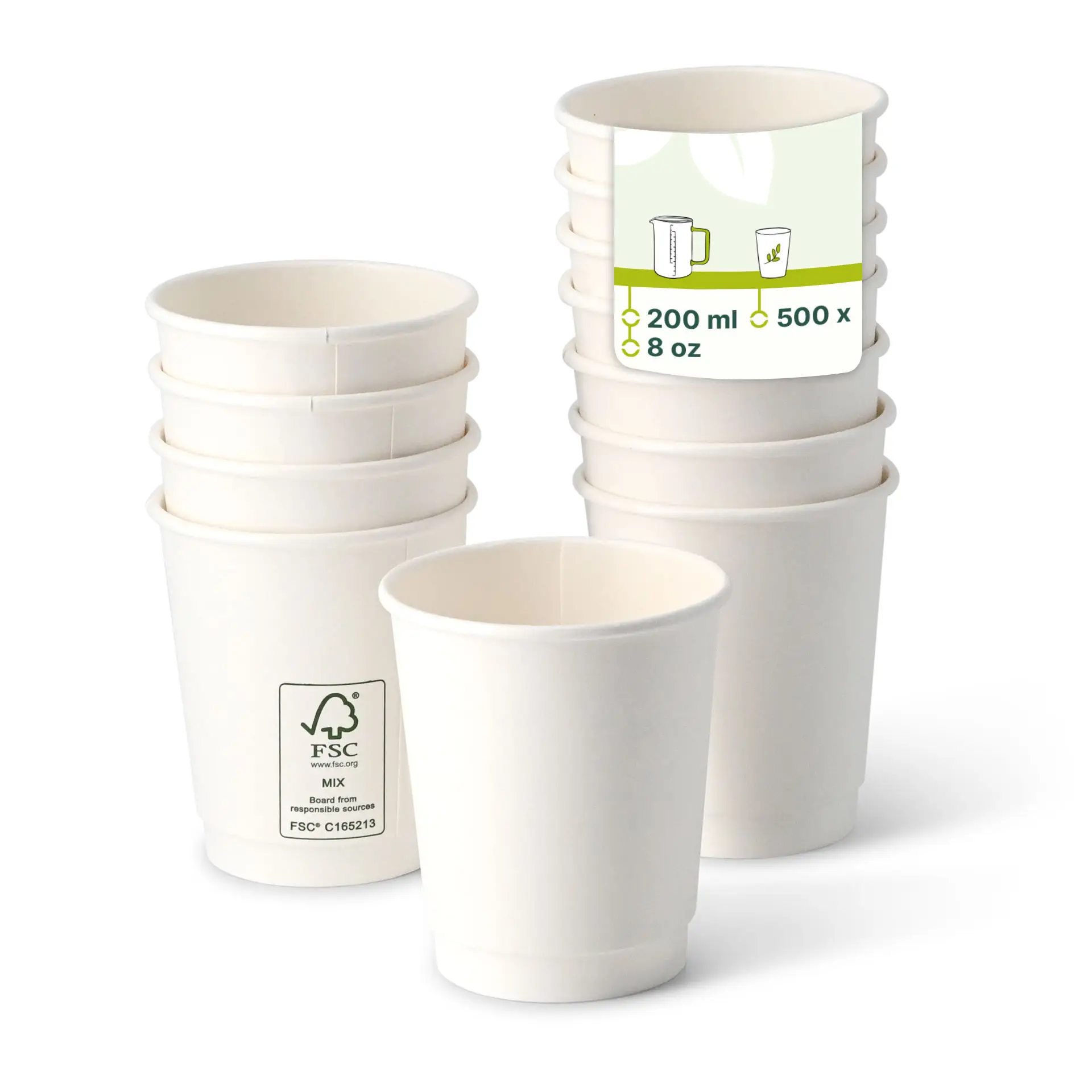 One white double-walled take away coffee cup in focus with additional cups stacked behind; label with markings visible on one cup.