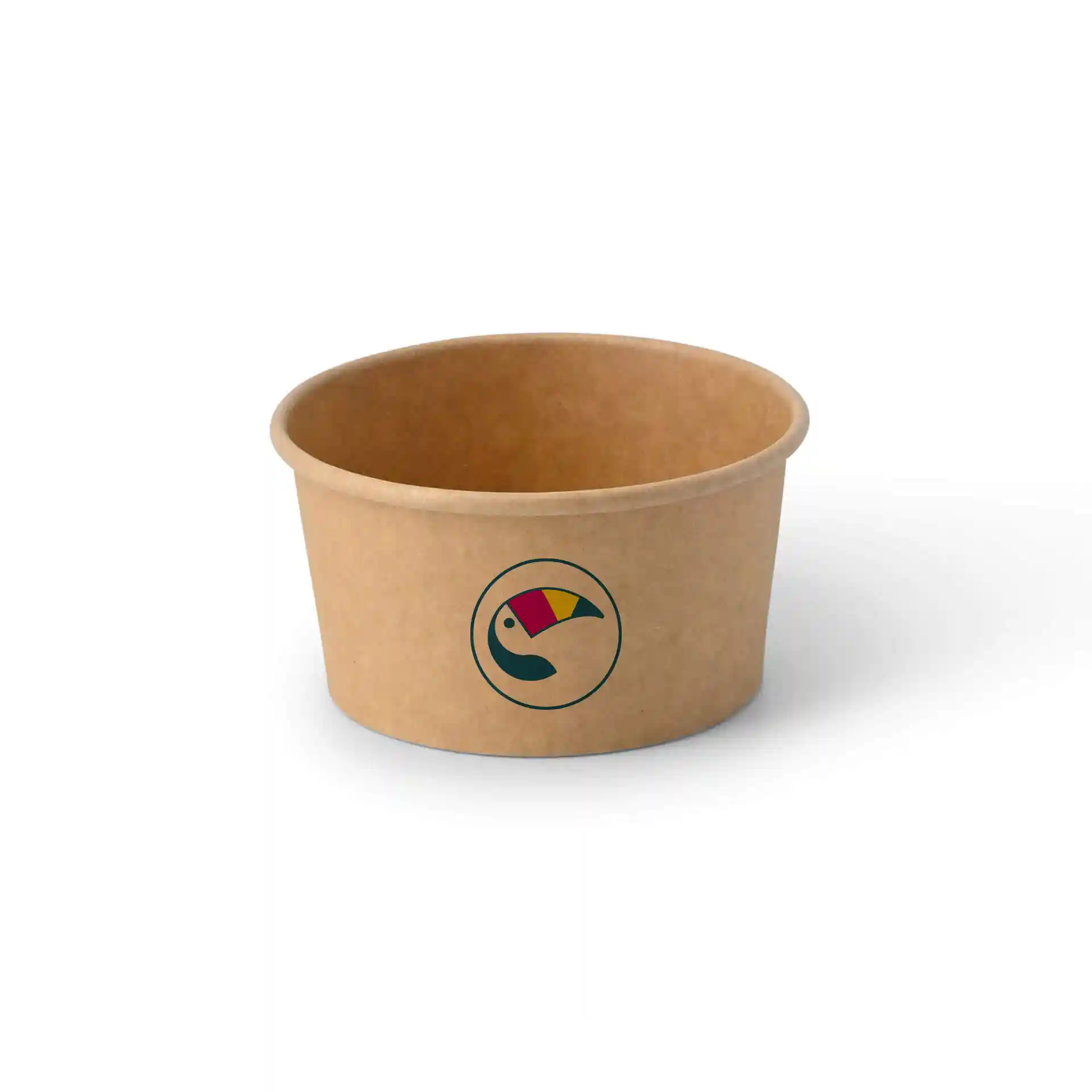 Brown cardboard ice cream cup with a round shape and a toucan logo, holding 150 ml.