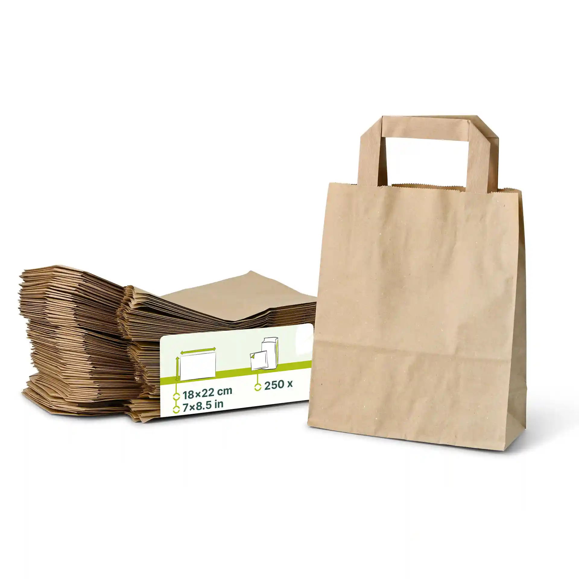 Brown paper carrier bag with a flat handle, next to a stack of similar bags, on a white background.