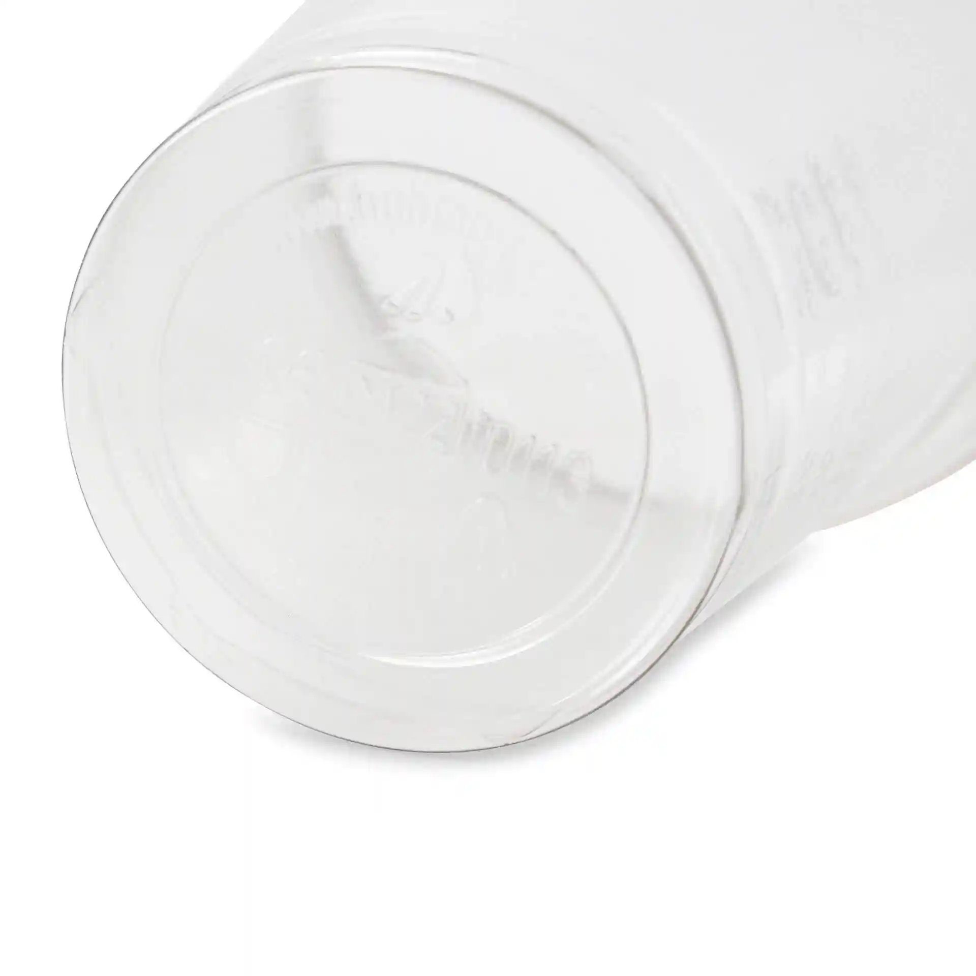 Clear cup viewed from the bottom, showing a smooth surface and slight curvature.