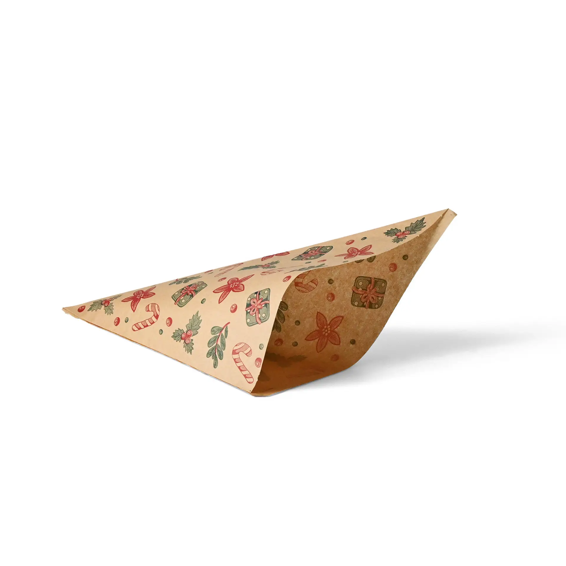 Brown paper carrier bag with winter design, featuring various festive patterns, shown in a triangular shape.