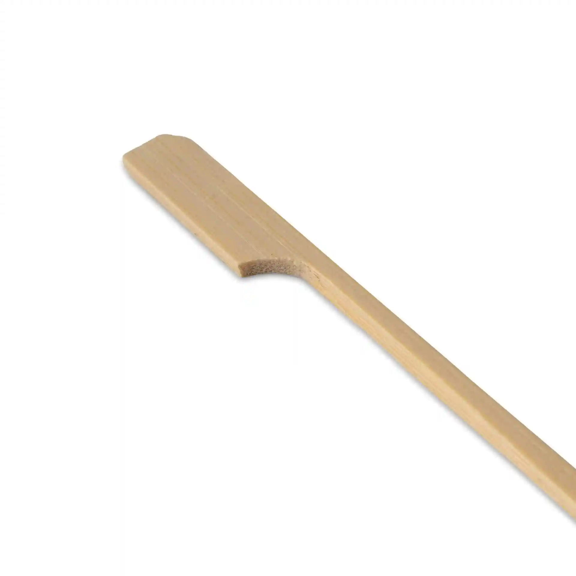 Bamboo paddle skewer, 12 cm long, with a flat end and untreated brown surface.