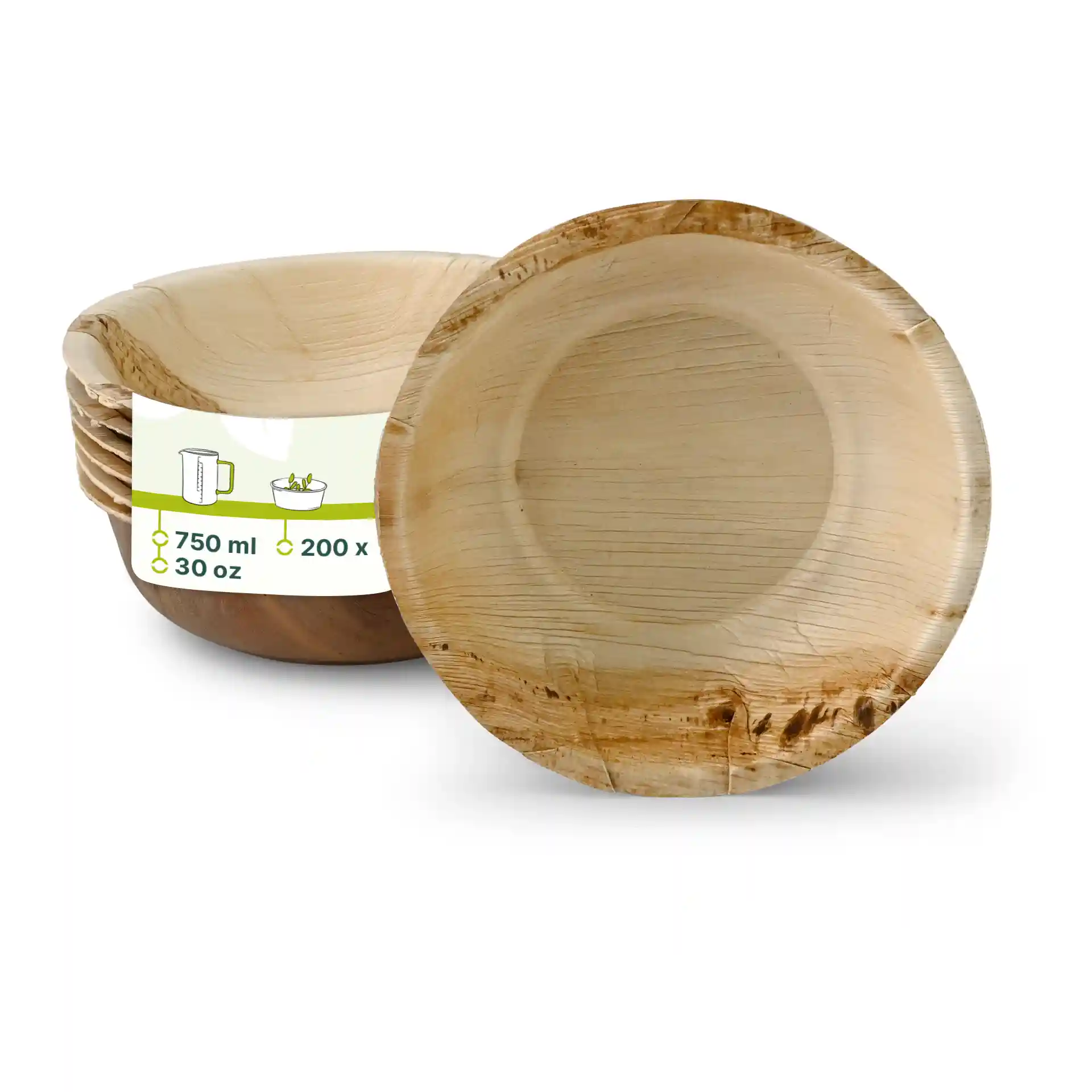 Round palm leaf bowl with a grain finish, showing one bowl in front and several stacked behind.