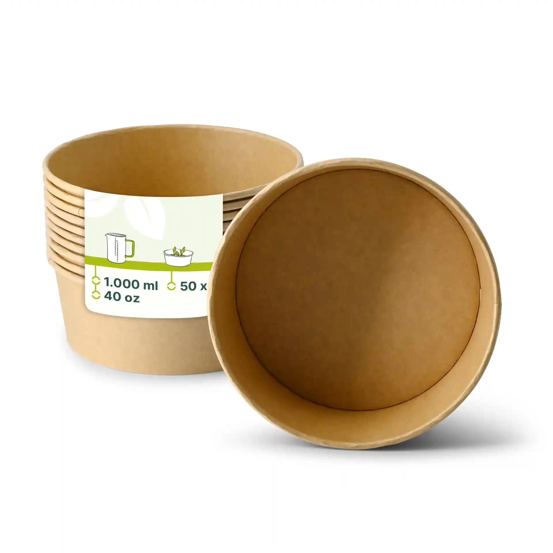 Brown round cardboard bowl with a diameter of 185 mm and a height of 65 mm, showing the interior and exterior.