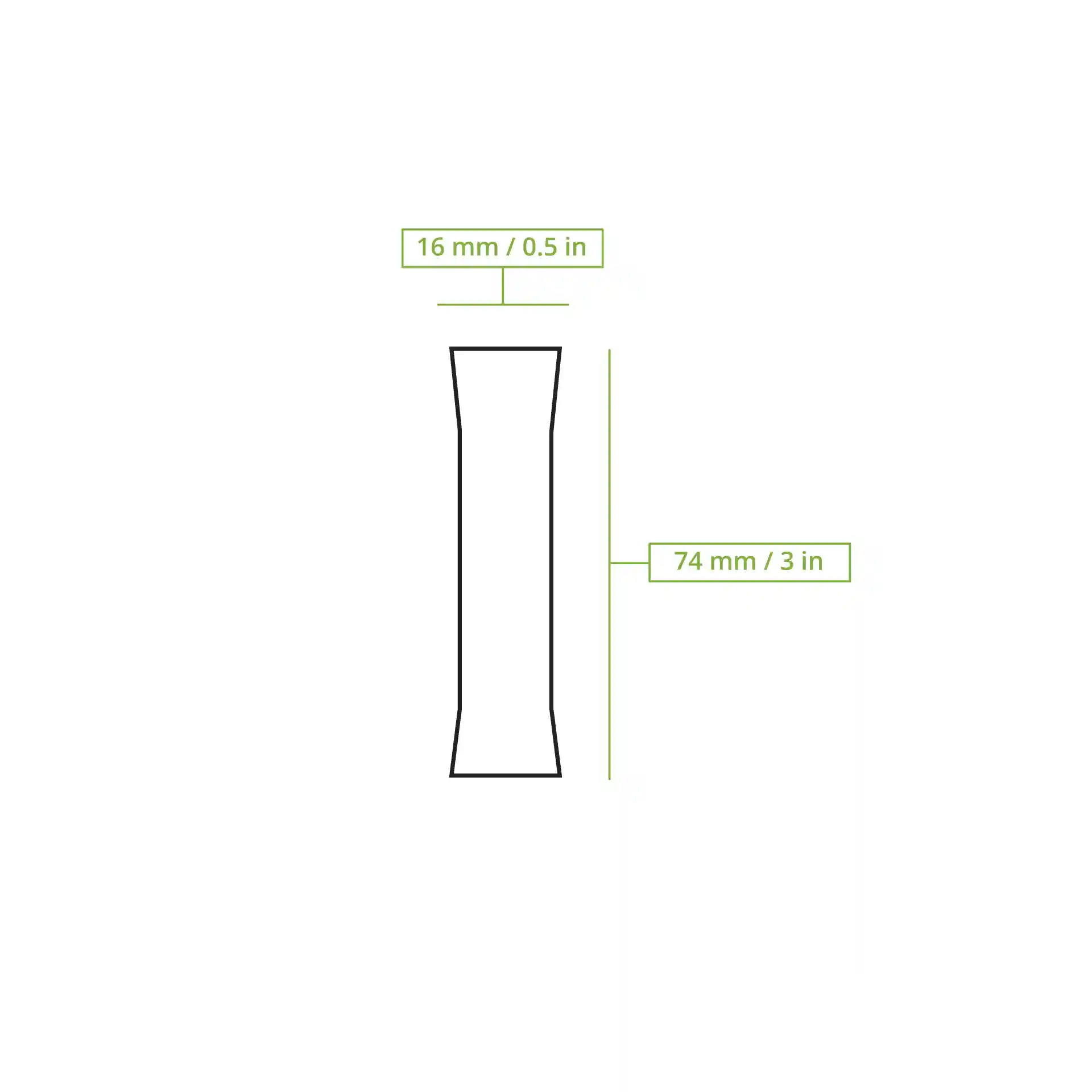 Schematic drawing of a sugar stick with dimensions labeled: 74 mm height and 16 mm width.