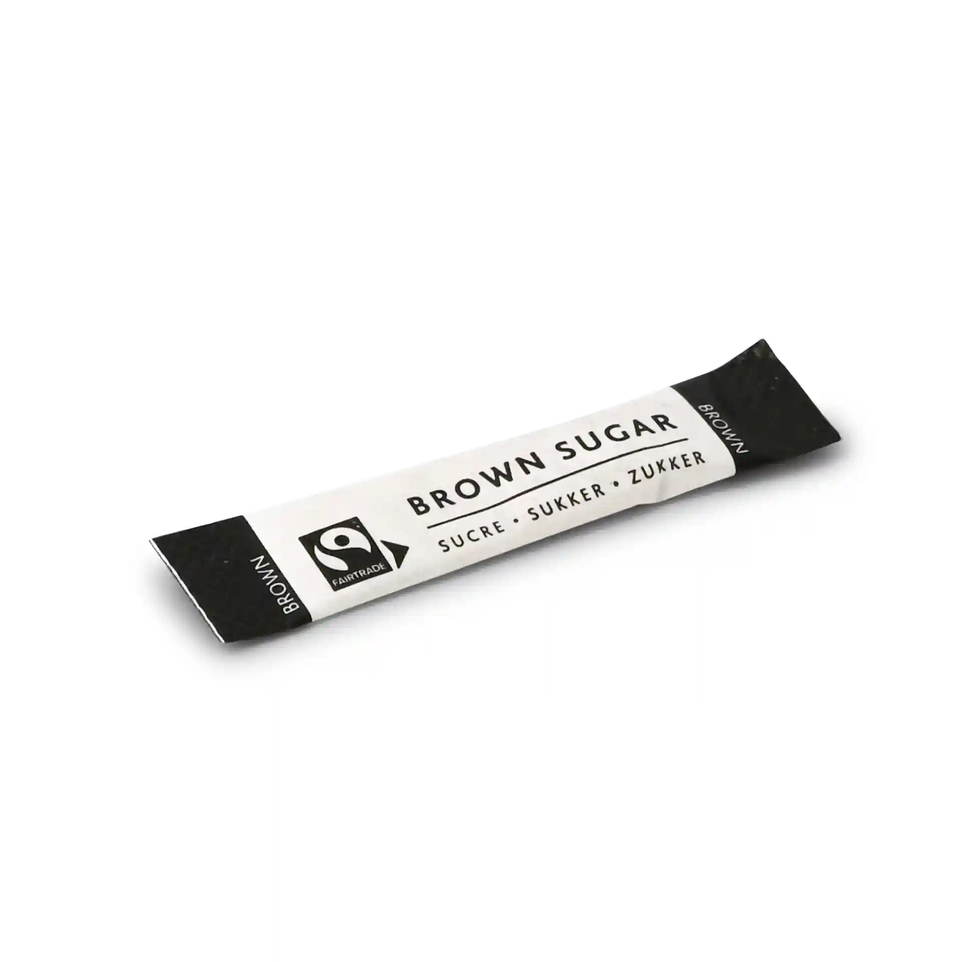 Brown sugar stick with a black and white wrapper, measuring 74 mm in length and 16 mm in width.