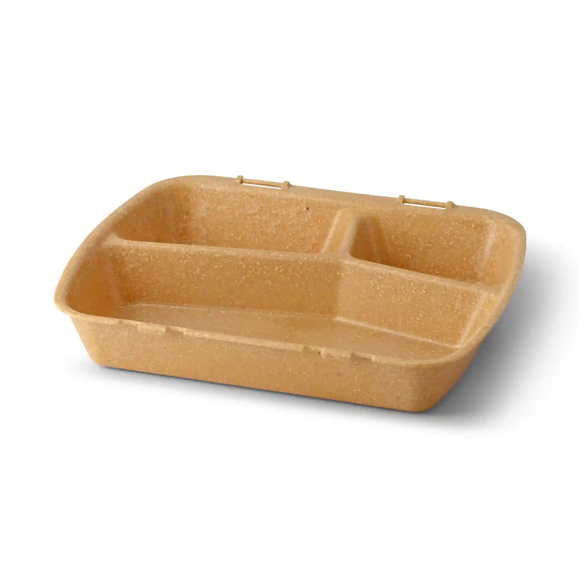 Brown reusable meal container with three compartments, measuring 24.5 x 20 x 4.5 cm.