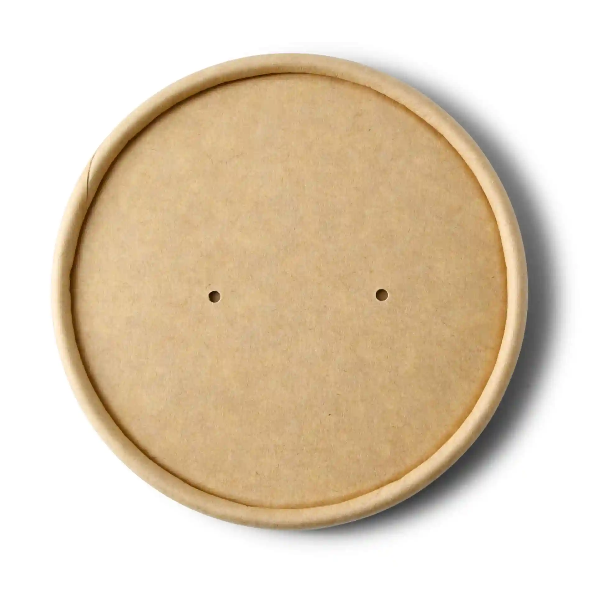 Round cardboard lid with a brown color, measuring 90 mm in diameter, featuring two small holes.