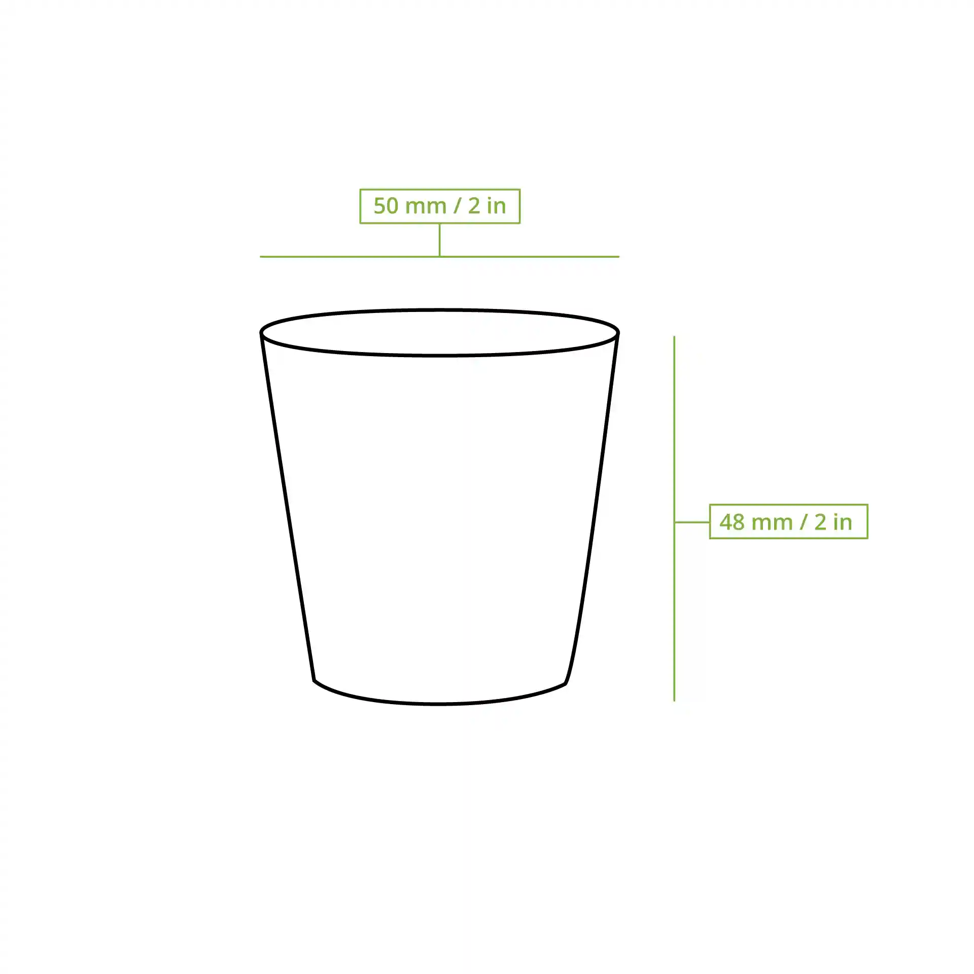 Schematic drawing of a paper cup with dimension lines indicating a height of 50 mm and a diameter of 50 mm.
